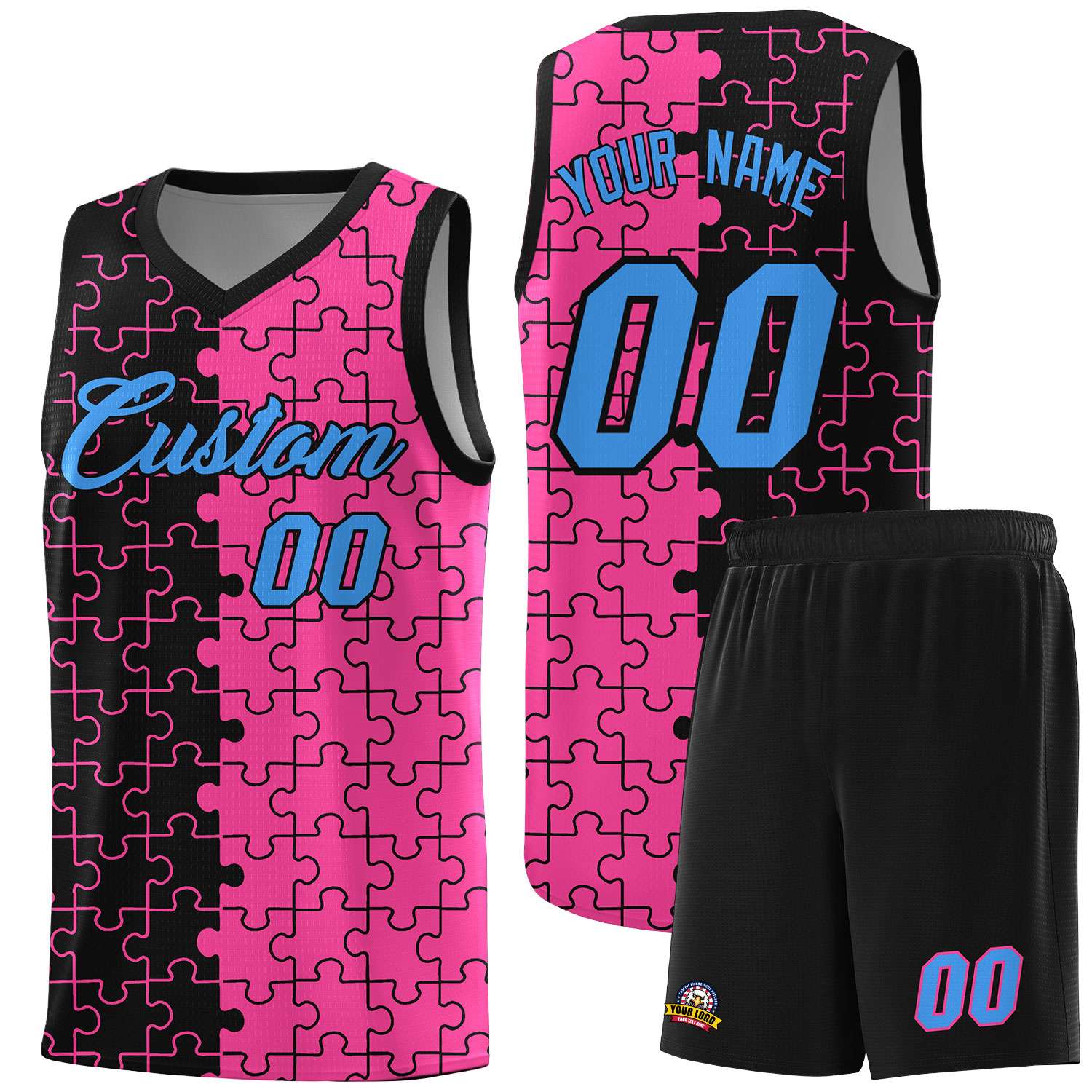 Custom Youth Basketball Jersey Black Pink Puzzle Pattern Add Name, Number & Team Logo