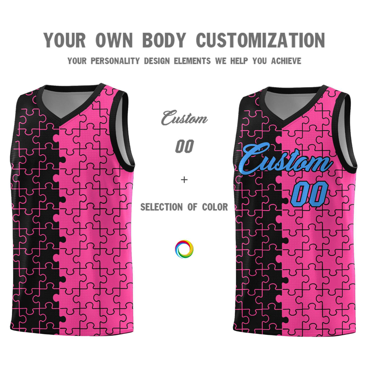 Custom Youth Basketball Jersey Black Pink Puzzle Pattern Add Name, Number &amp; Team Logo
