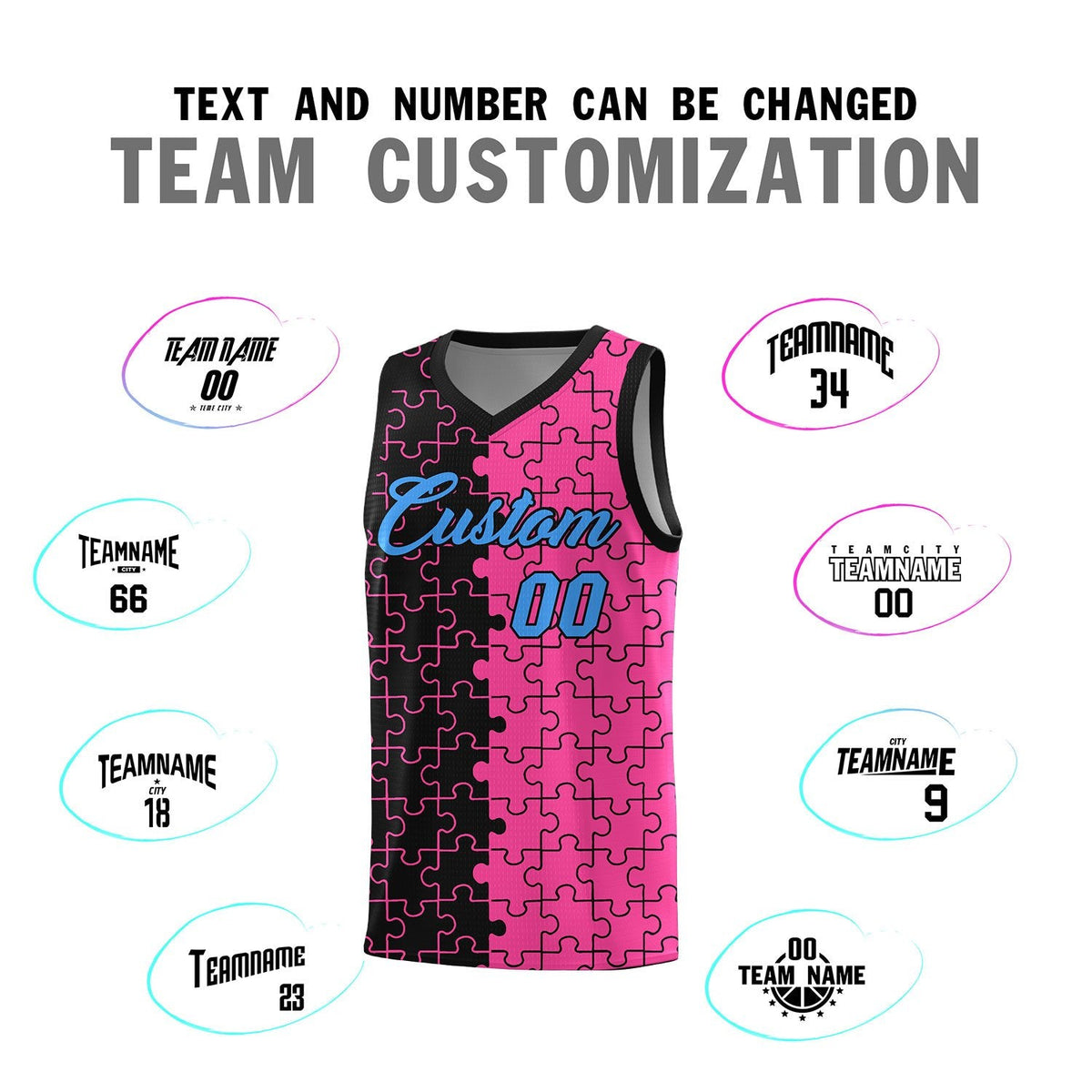 Custom Youth Basketball Jersey Black Pink Puzzle Pattern Add Name, Number &amp; Team Logo