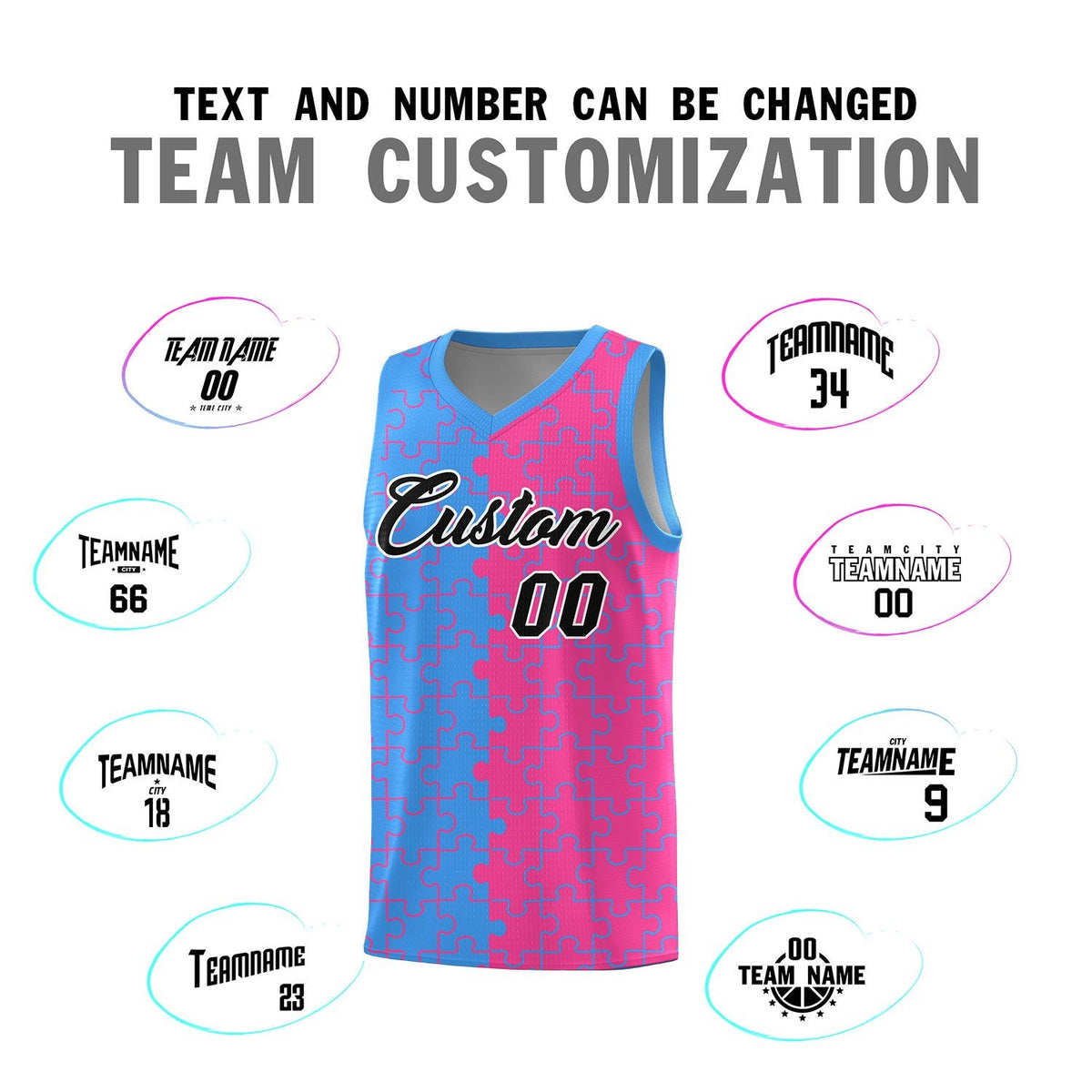Custom Youth Basketball Jersey Light Blue Pink Puzzle Pattern Breathable Team Uniform
