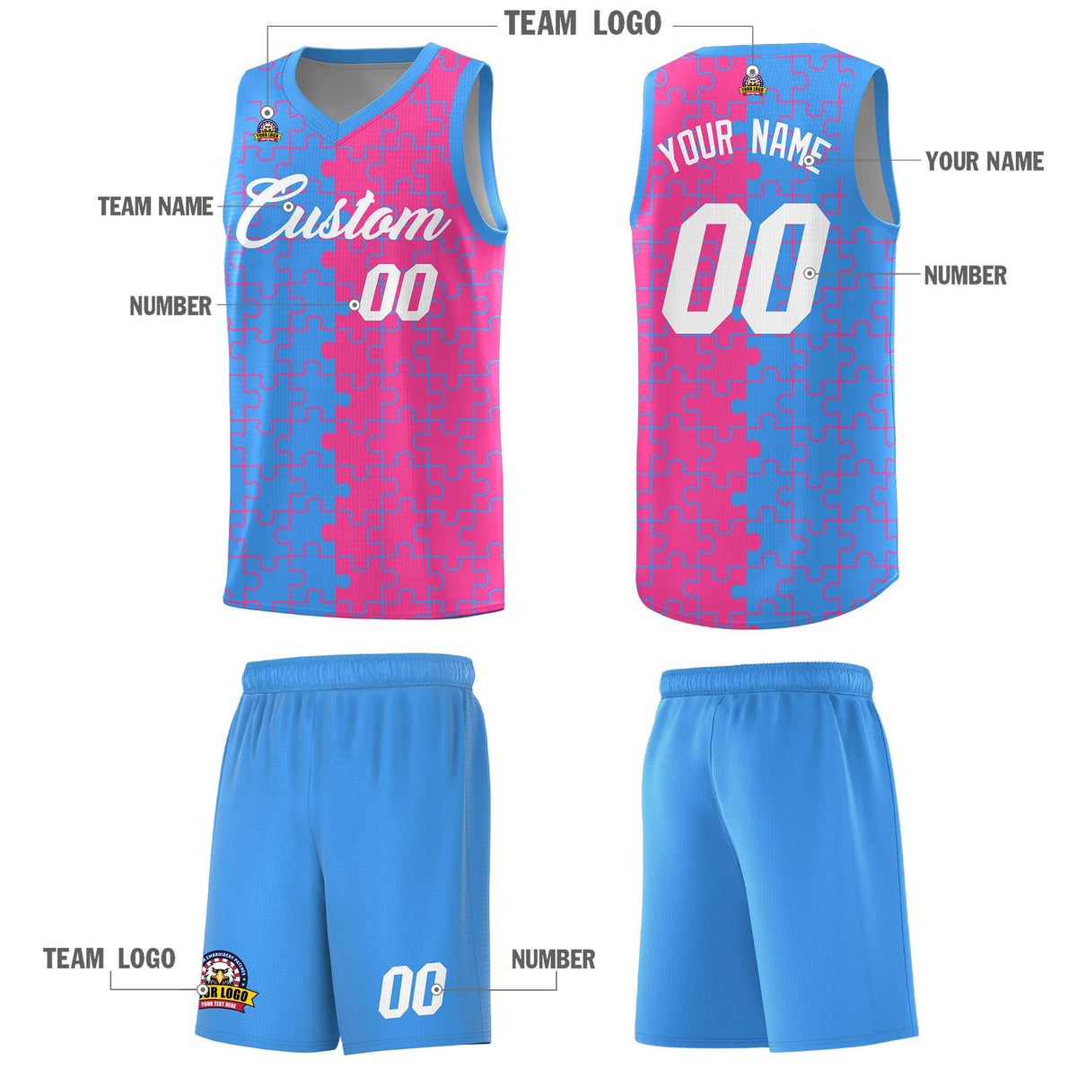 Custom Youth Basketball Jersey Light Blue Pink Puzzle Pattern Moisture-Wicking Team Uniform