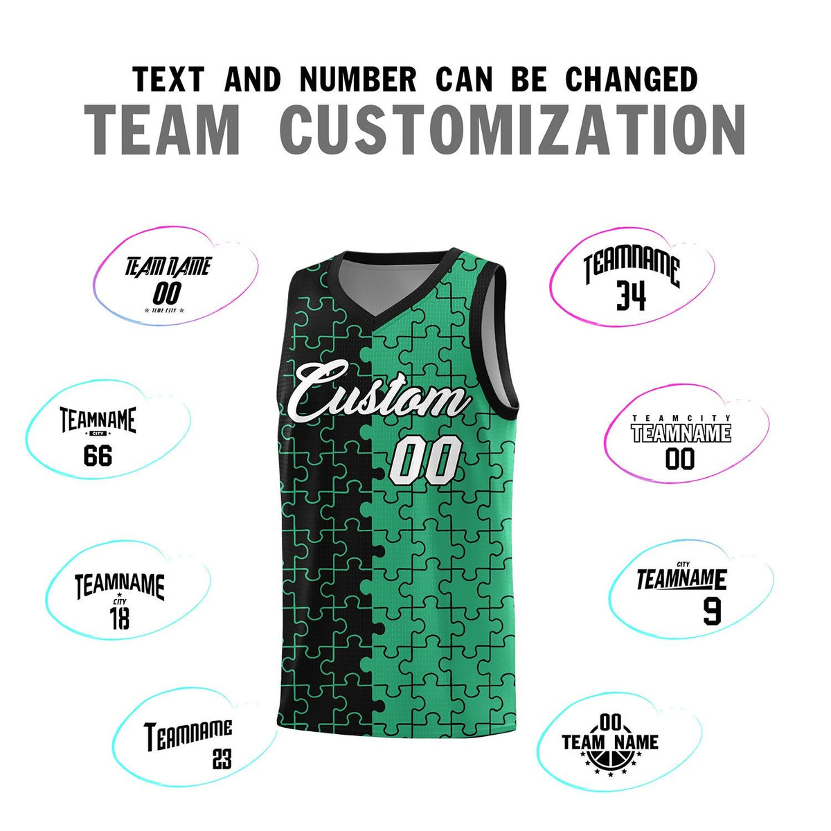 Custom Youth Basketball Jersey Black Green Puzzle Pattern Personalized Team Uniform