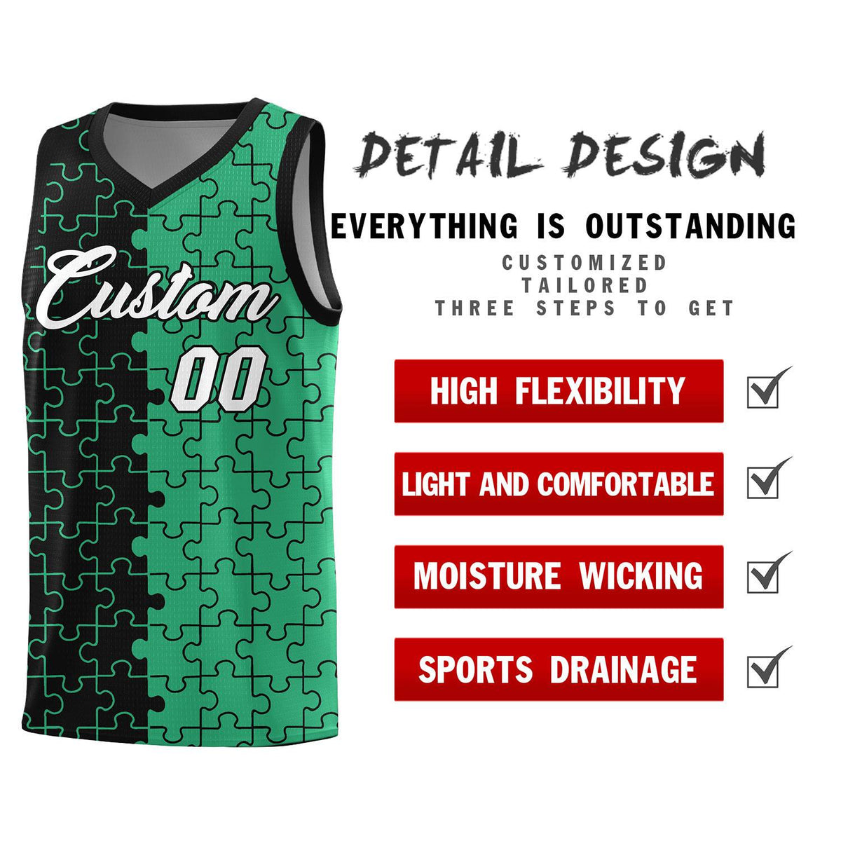 Custom Youth Basketball Jersey Black Green Puzzle Pattern Personalized Team Uniform