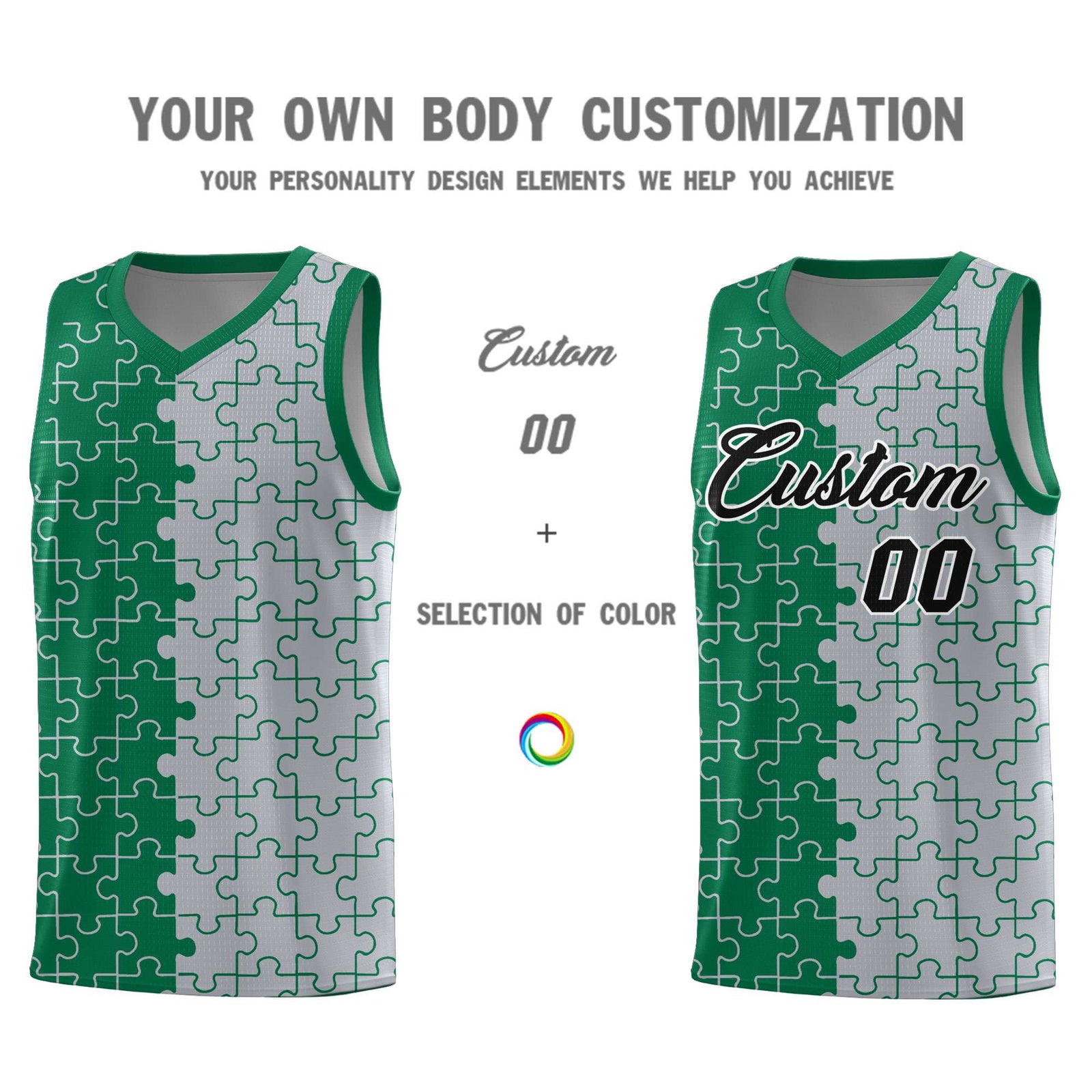 Custom Youth Basketball Jersey Kelly Green Gray Puzzle Pattern Add Name, Number & Team Logo