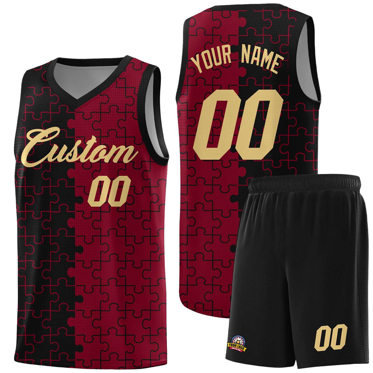 Custom Youth Basketball Jersey Black Crimson Puzzle Pattern Breathable Team Uniform