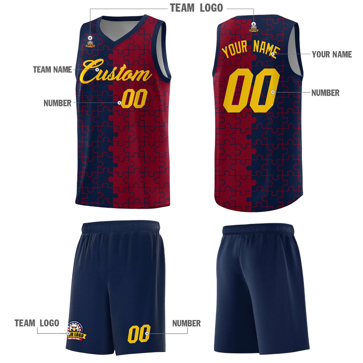 Custom Youth Basketball Jersey Navy Crimson Puzzle Pattern Personalized Team Uniform