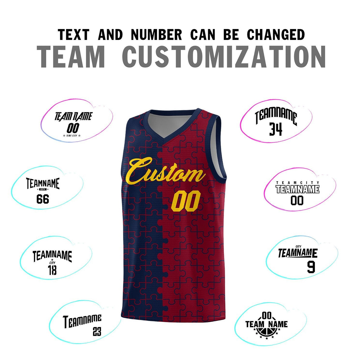 Custom Youth Basketball Jersey Navy Crimson Puzzle Pattern Personalized Team Uniform