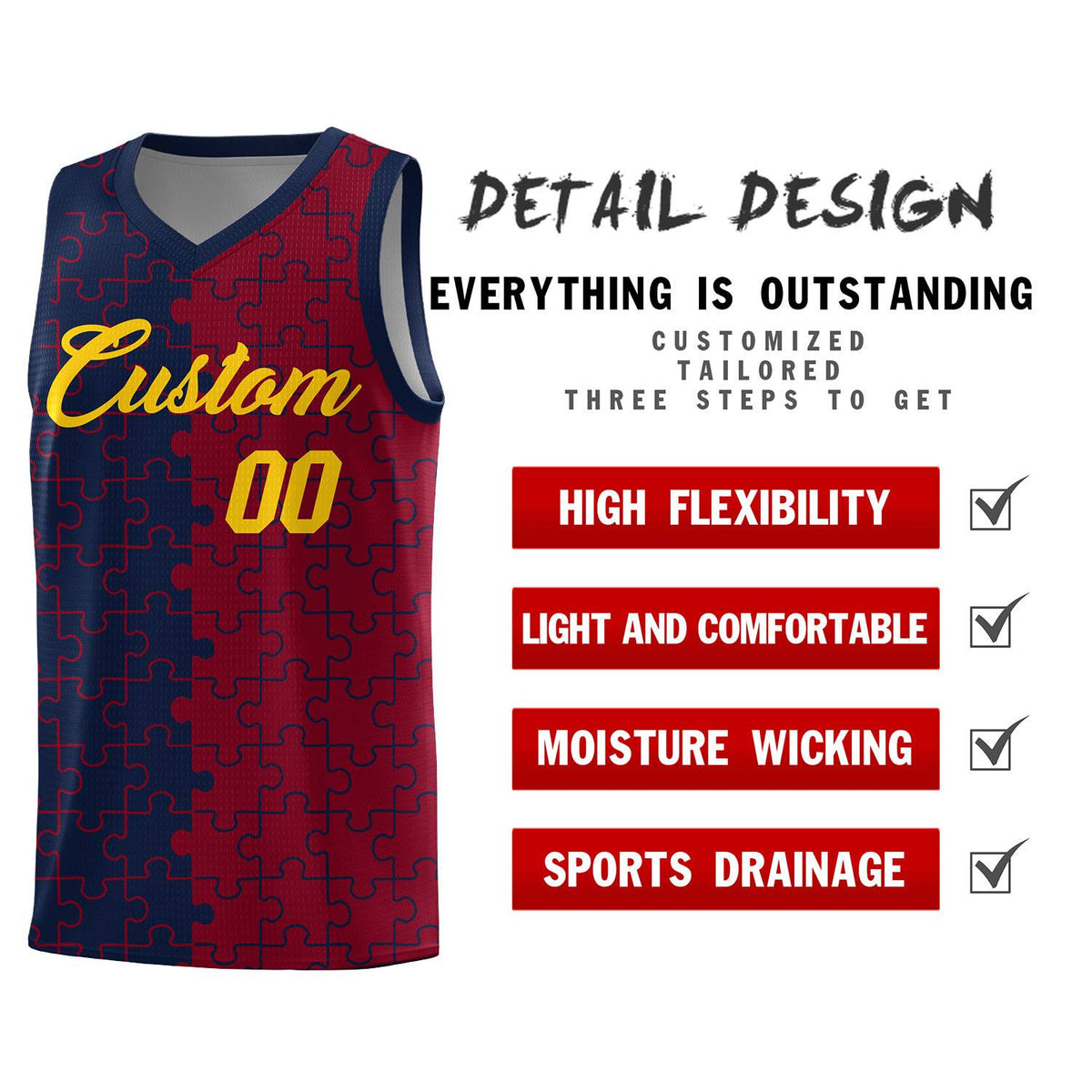 Custom Youth Basketball Jersey Navy Crimson Puzzle Pattern Personalized Team Uniform