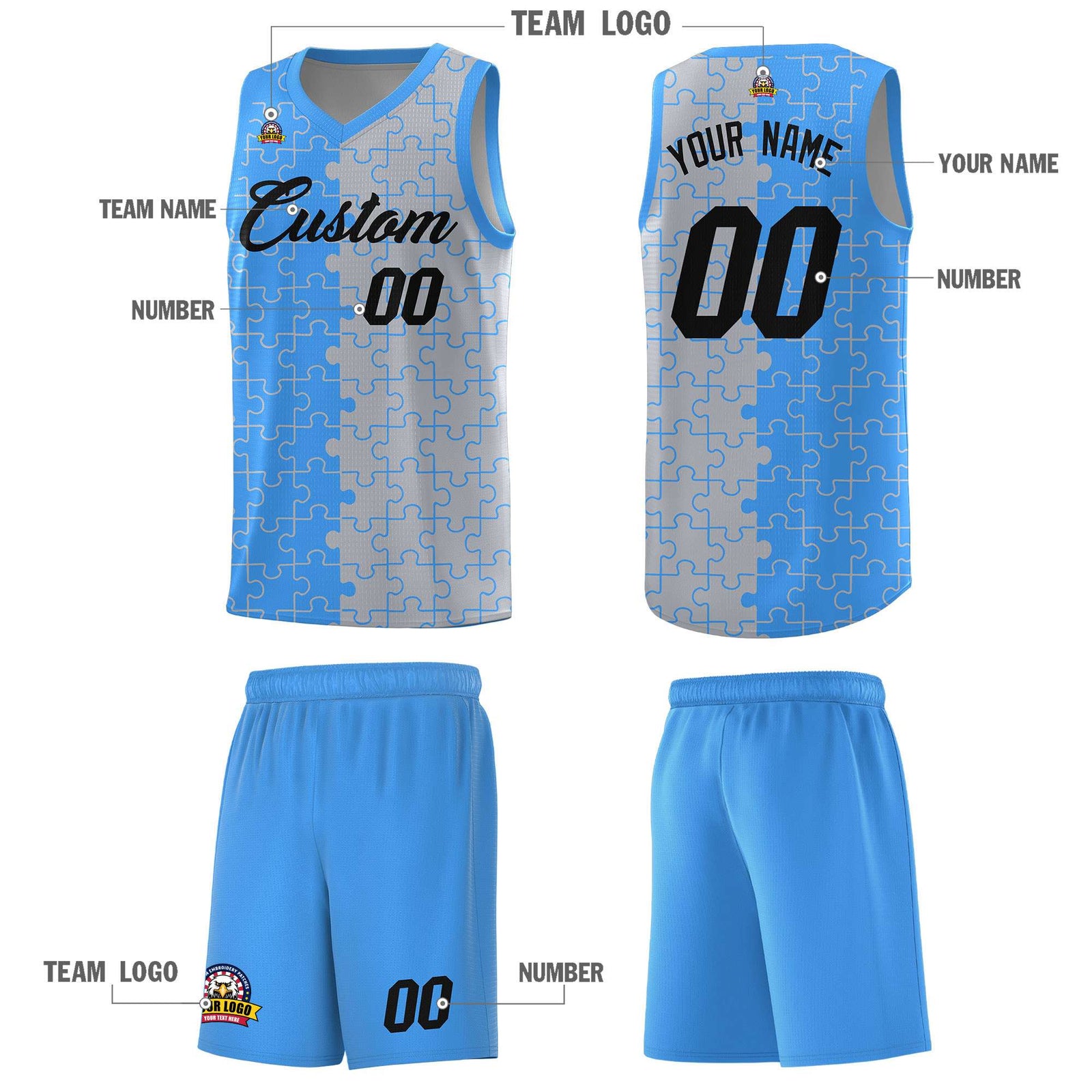 Custom Youth Basketball Jersey Light Blue Gray Puzzle Pattern Add Name, Number & Team Logo