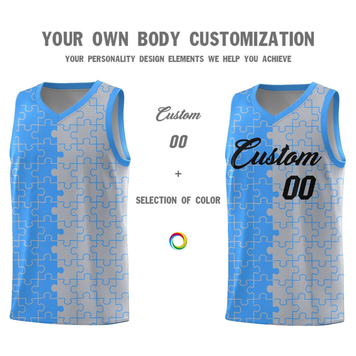 Custom Youth Basketball Jersey Light Blue Gray Puzzle Pattern Add Name, Number &amp; Team Logo