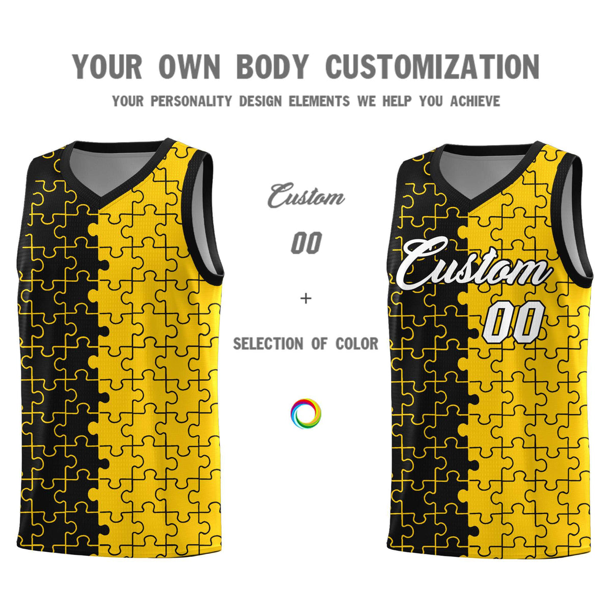 Custom Youth Basketball Jersey Black Gold Puzzle Pattern Breathable Team Uniform