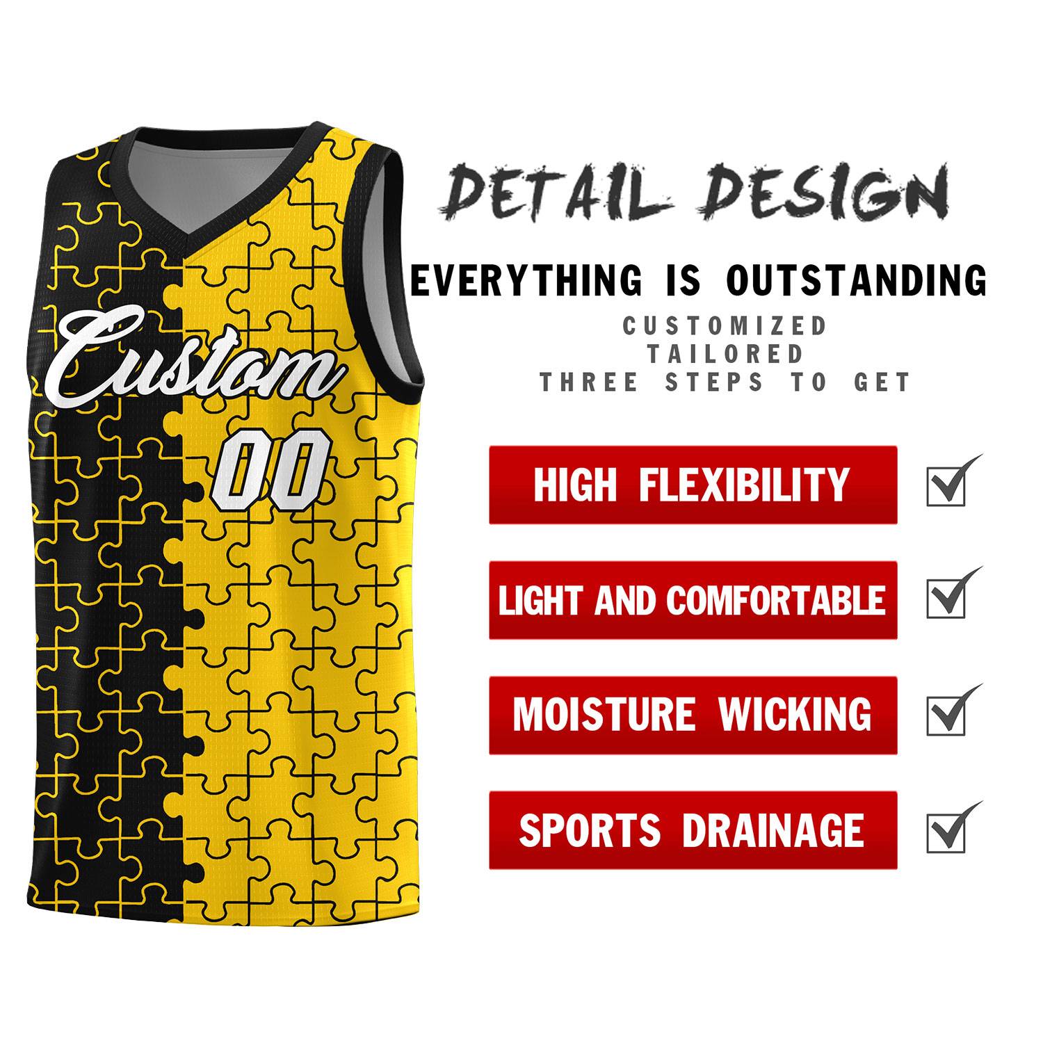 Custom Youth Basketball Jersey Black Gold Puzzle Pattern Breathable Team Uniform