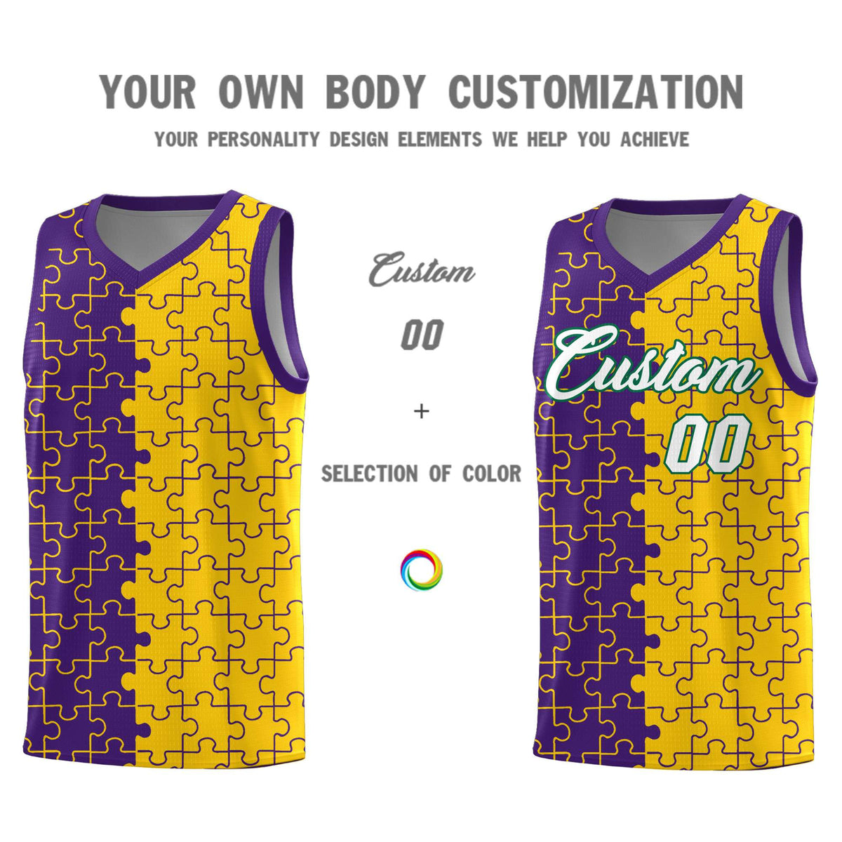 Custom Youth Basketball Jersey Purple Gold Puzzle Pattern Personalized Team Uniform