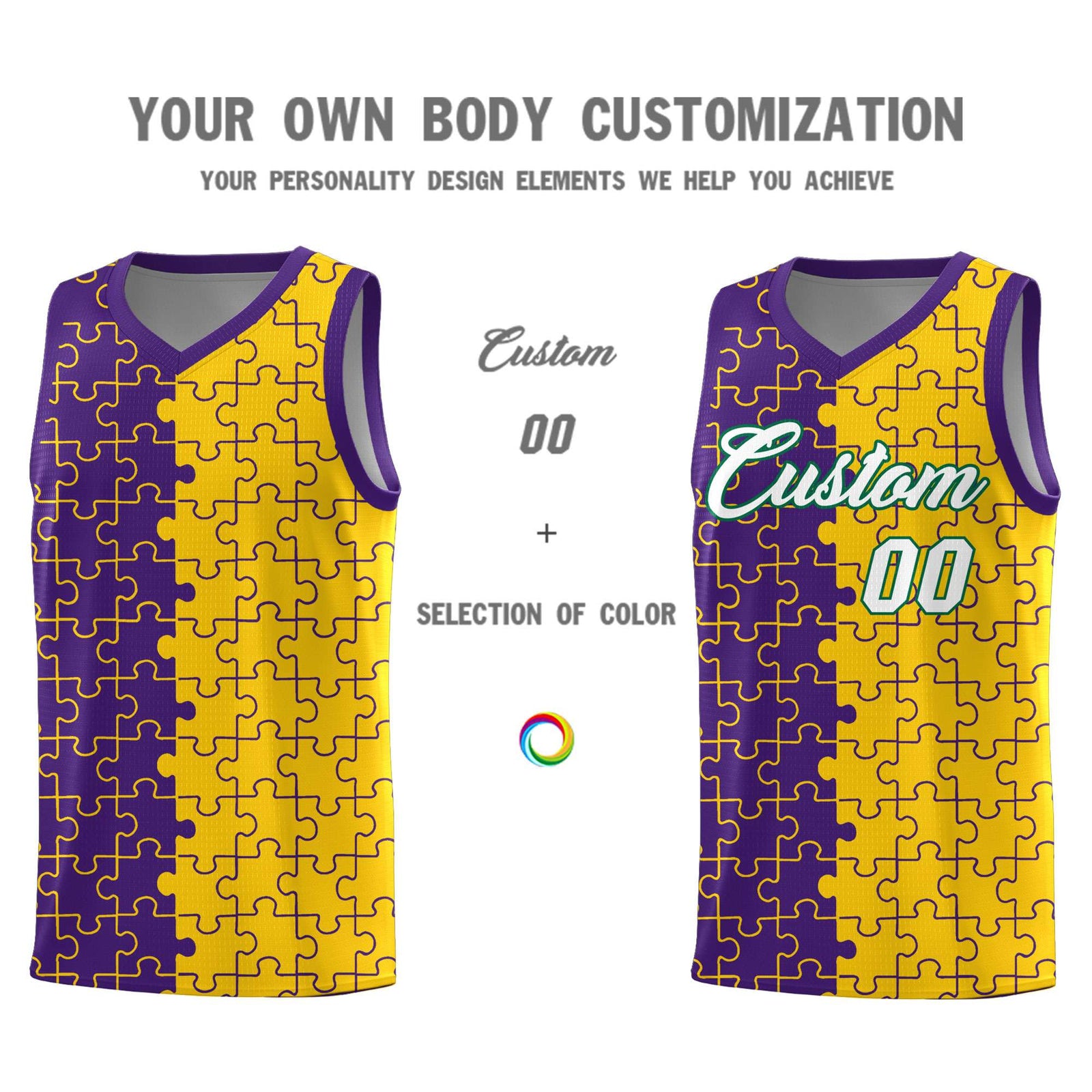 Custom Youth Basketball Jersey Purple Gold Puzzle Pattern Personalized Team Uniform