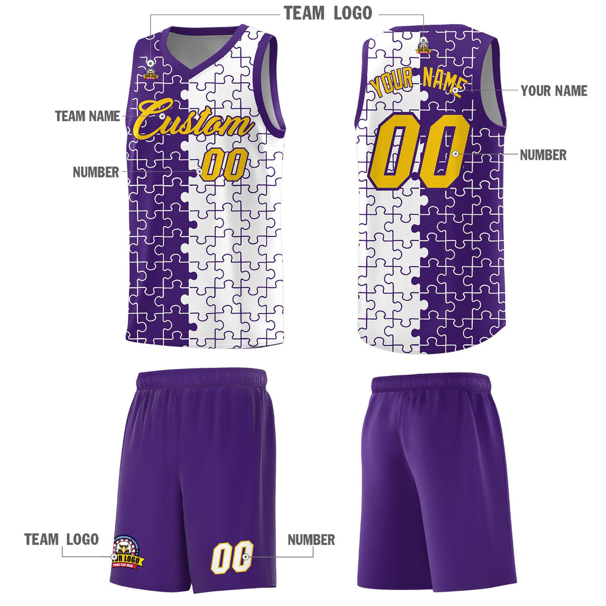 Custom Youth Basketball Jersey Purple White Puzzle Pattern Add Name, Number &amp; Team Logo