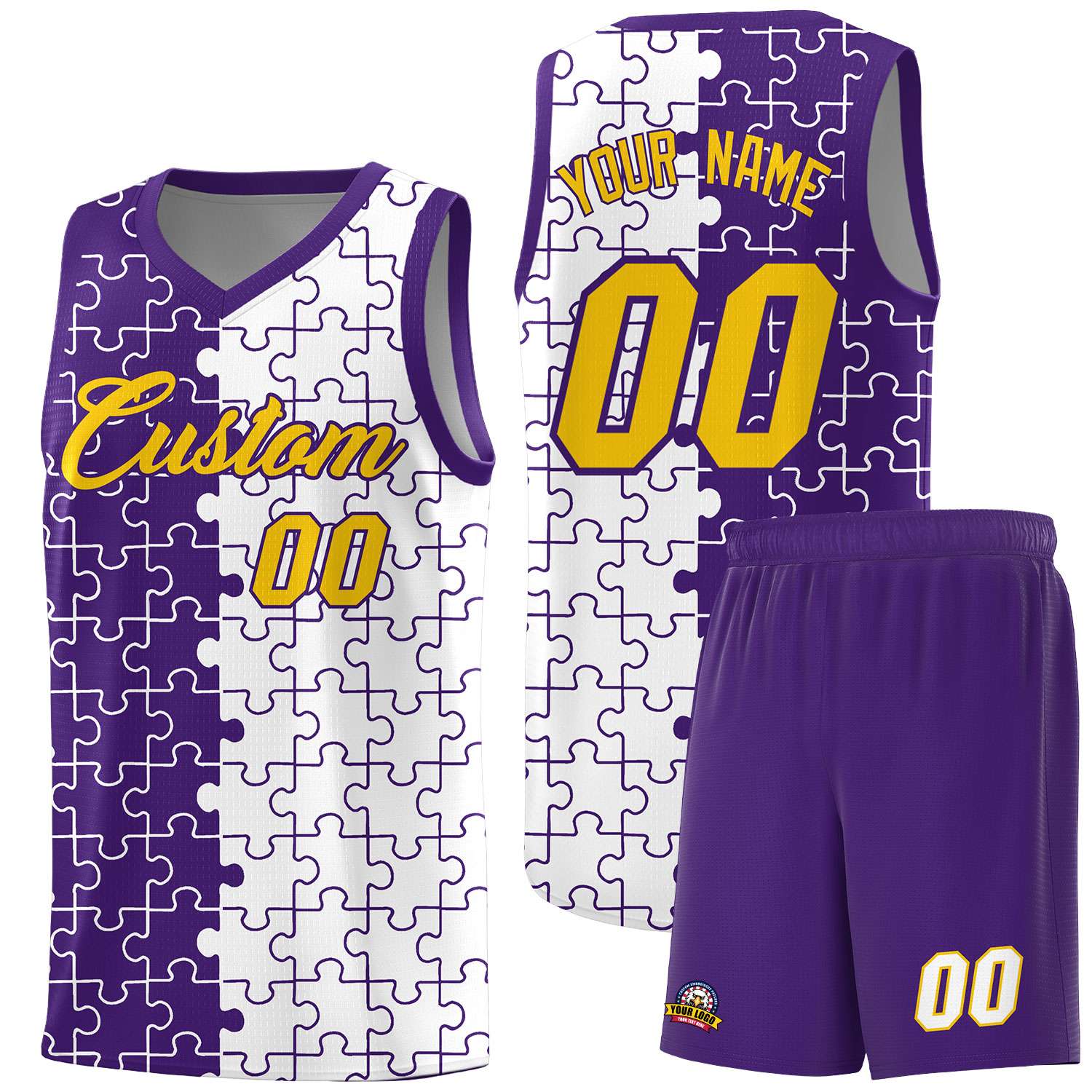 Custom Youth Basketball Jersey Purple White Puzzle Pattern Add Name, Number & Team Logo