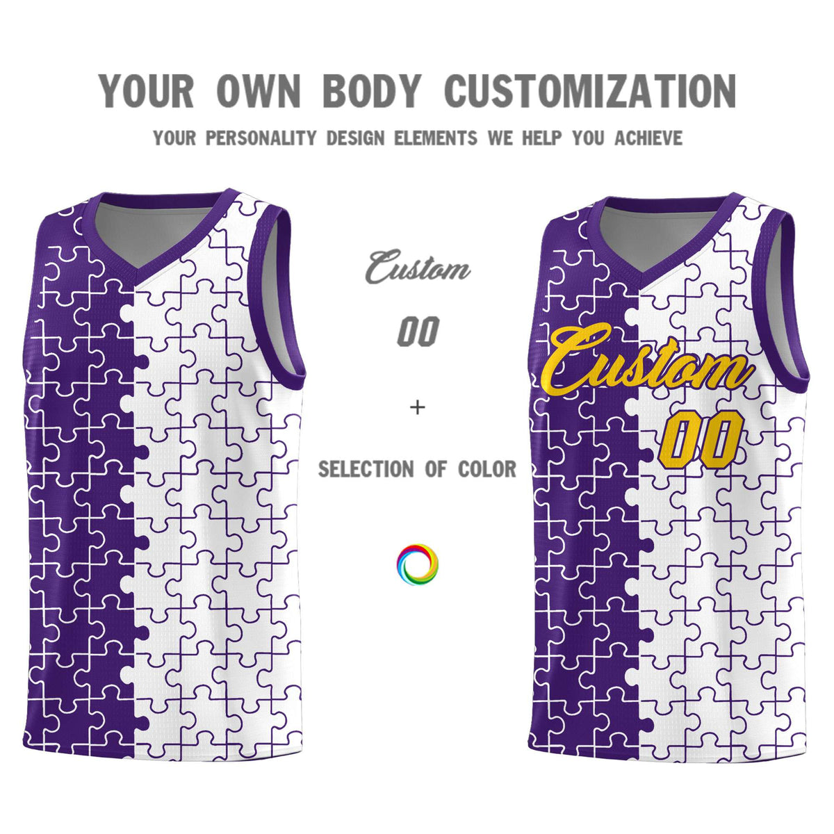Custom Youth Basketball Jersey Purple White Puzzle Pattern Add Name, Number &amp; Team Logo