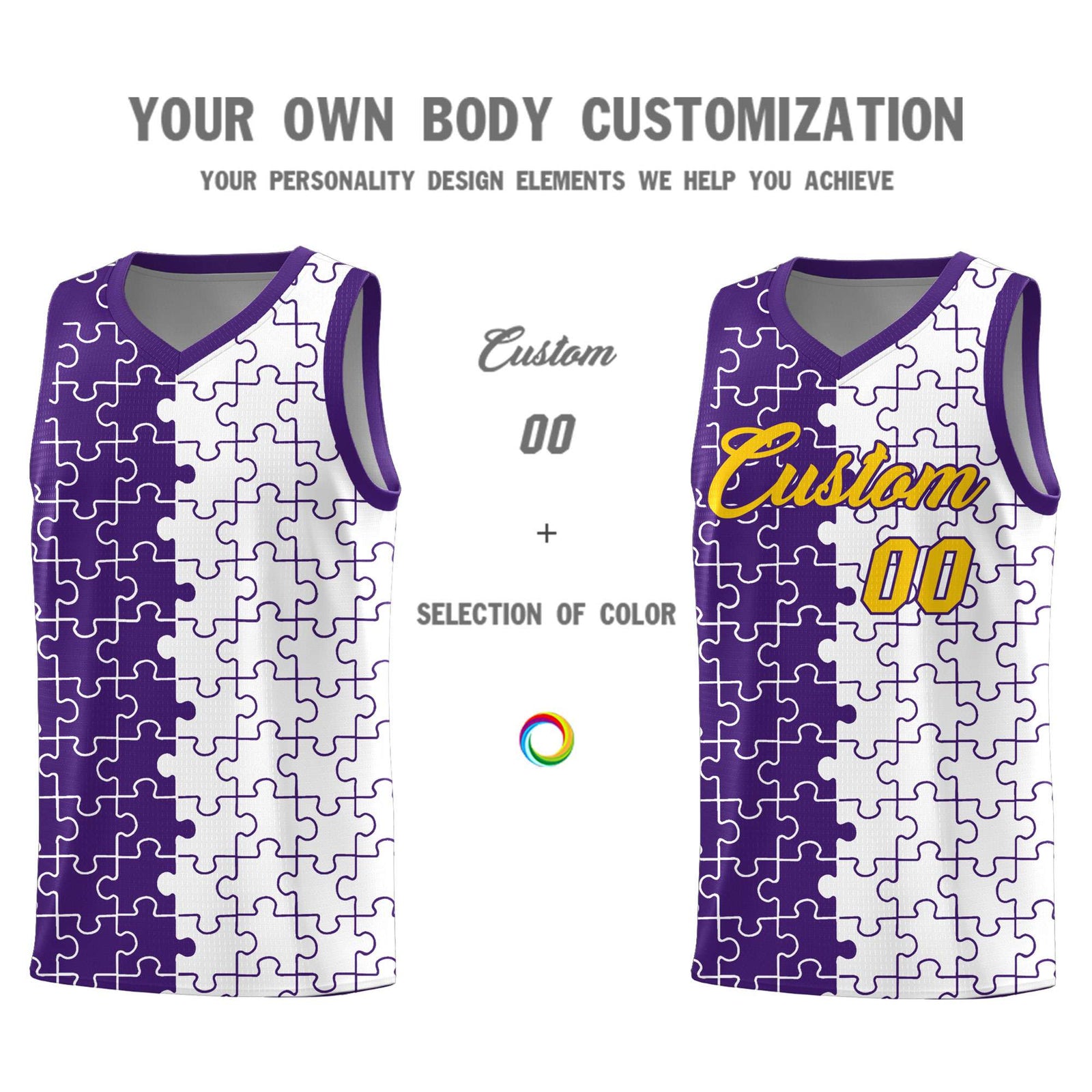 Custom Youth Basketball Jersey Purple White Puzzle Pattern Add Name, Number & Team Logo