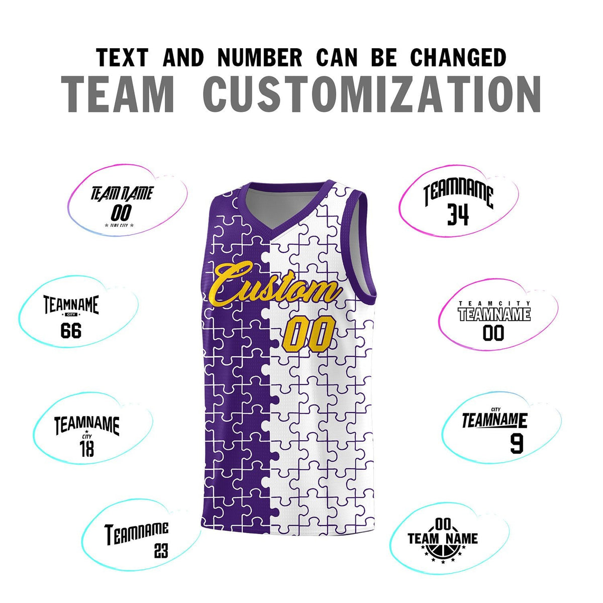 Custom Youth Basketball Jersey Purple White Puzzle Pattern Add Name, Number &amp; Team Logo