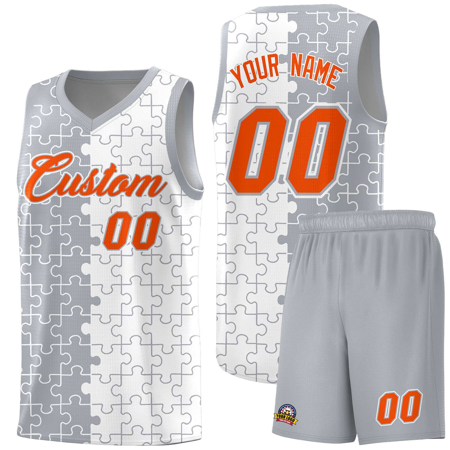 Custom Youth Basketball Jersey Gray White Puzzle Pattern Breathable Team Uniform