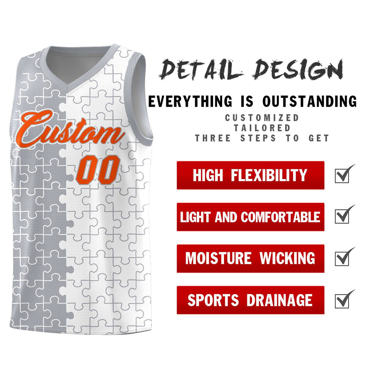 Custom Youth Basketball Jersey Gray White Puzzle Pattern Breathable Team Uniform