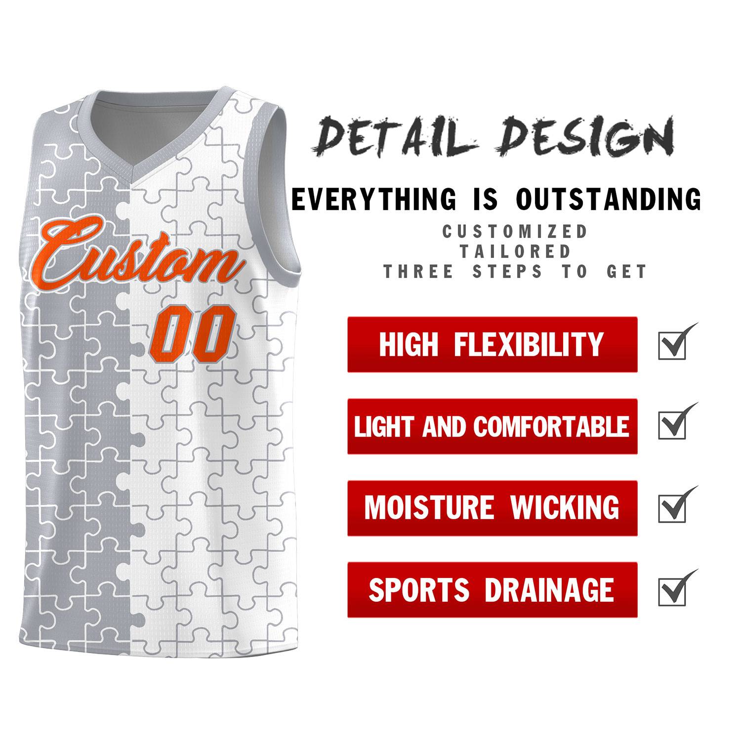 Custom Youth Basketball Jersey Gray White Puzzle Pattern Breathable Team Uniform