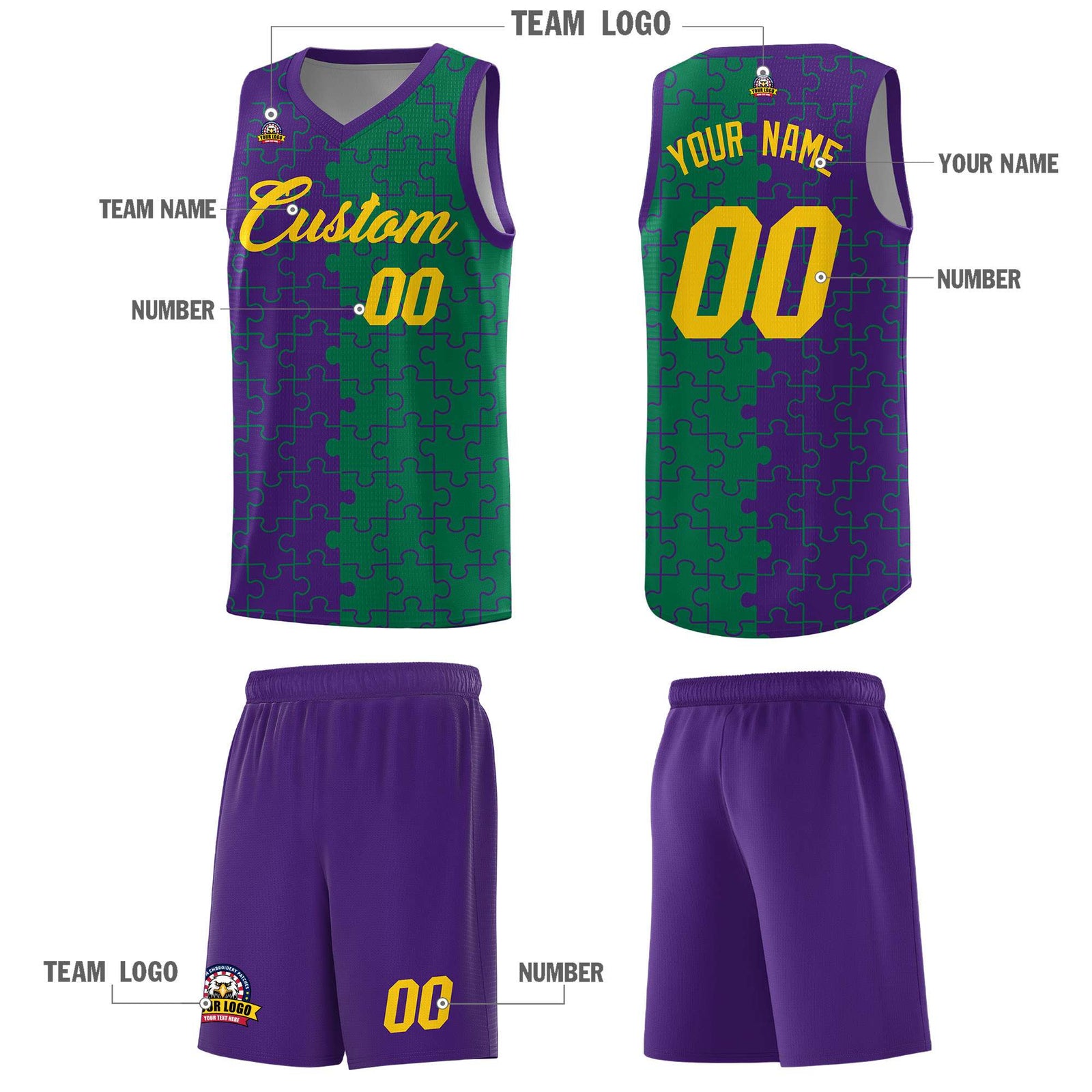 Custom Youth Basketball Jersey Purple Kelly Green Puzzle Pattern Breathable Team Uniform