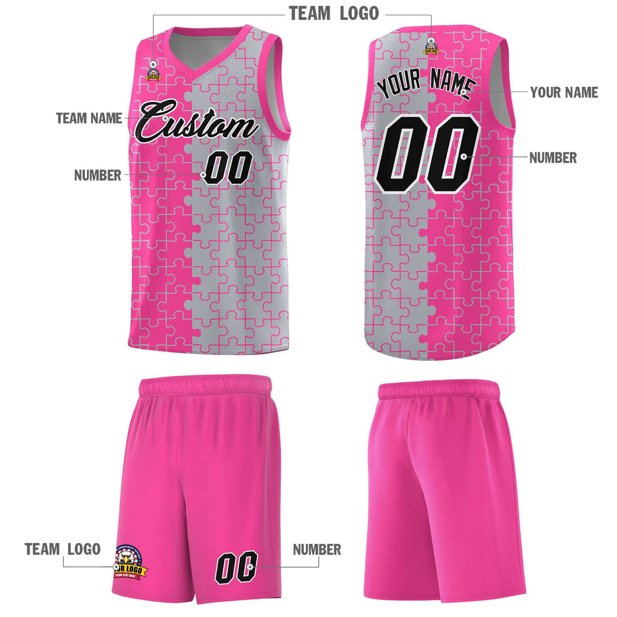 Custom Youth Basketball Jersey Pink Gray Puzzle Pattern Personalized Team Uniform