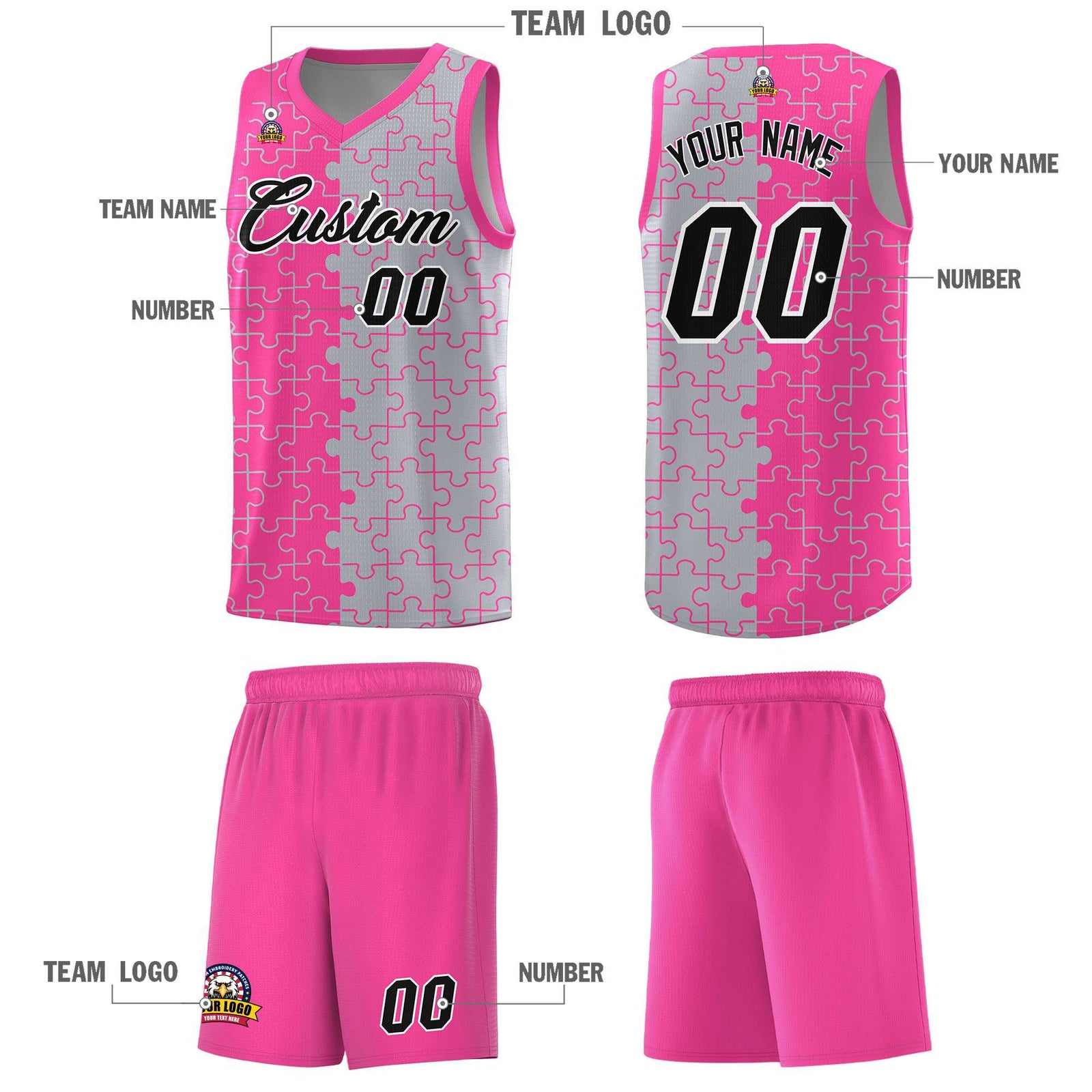 Custom Youth Basketball Jersey Pink Gray Puzzle Pattern Personalized Team Uniform