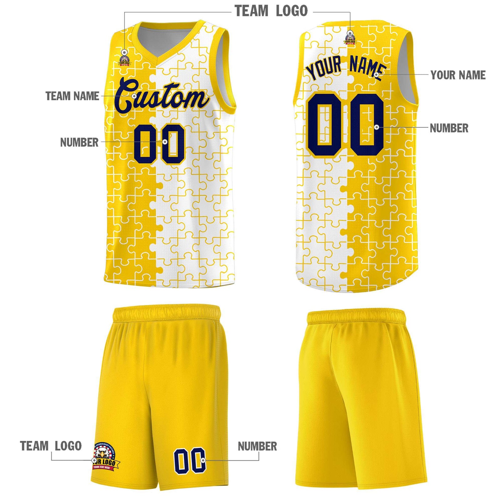 Custom Youth Basketball Jersey Gold White Puzzle Pattern Add Name, Number & Team Logo