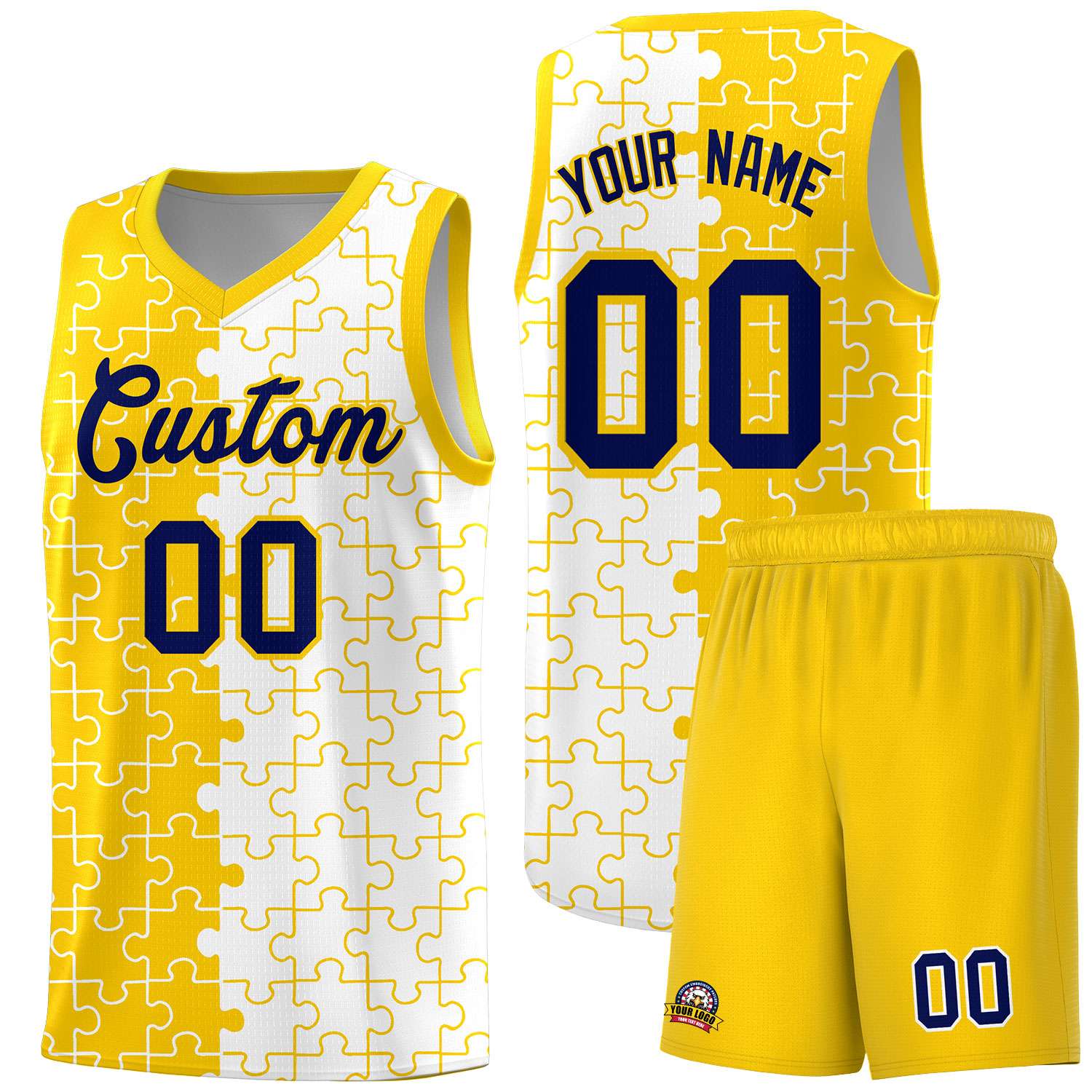 Custom Youth Basketball Jersey Gold White Puzzle Pattern Add Name, Number & Team Logo