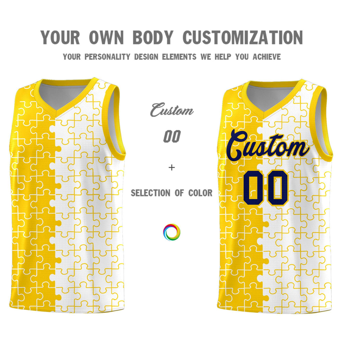 Custom Youth Basketball Jersey Gold White Puzzle Pattern Add Name, Number &amp; Team Logo