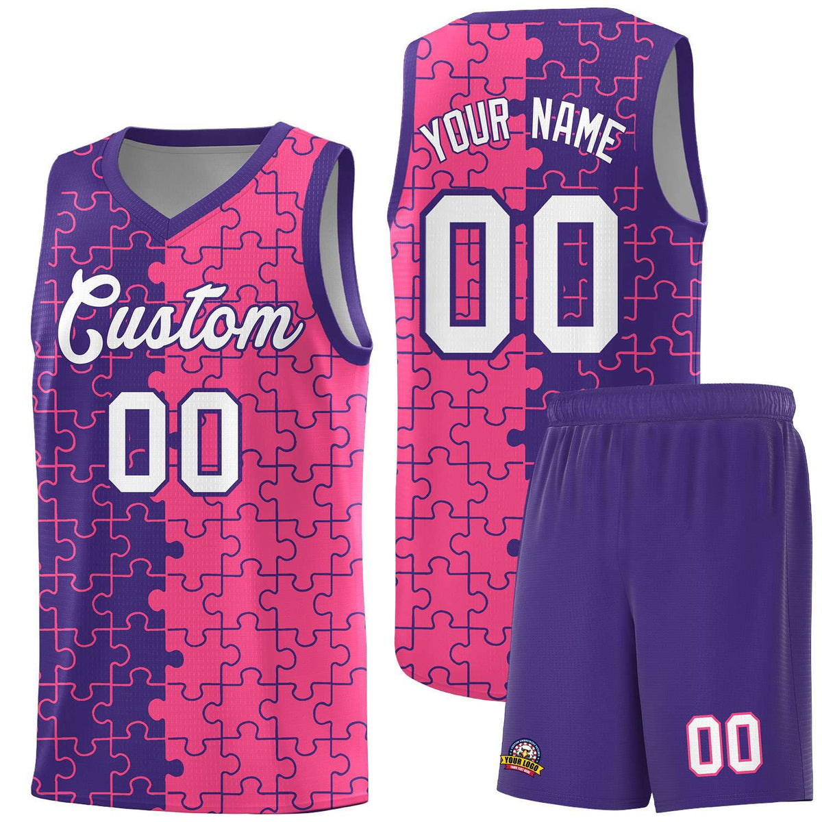 Custom Youth Basketball Jersey Purple Pink Puzzle Pattern Breathable Team Uniform