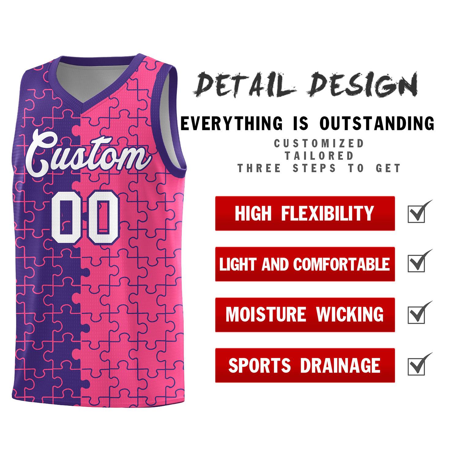 Custom Youth Basketball Jersey Purple Pink Puzzle Pattern Breathable Team Uniform