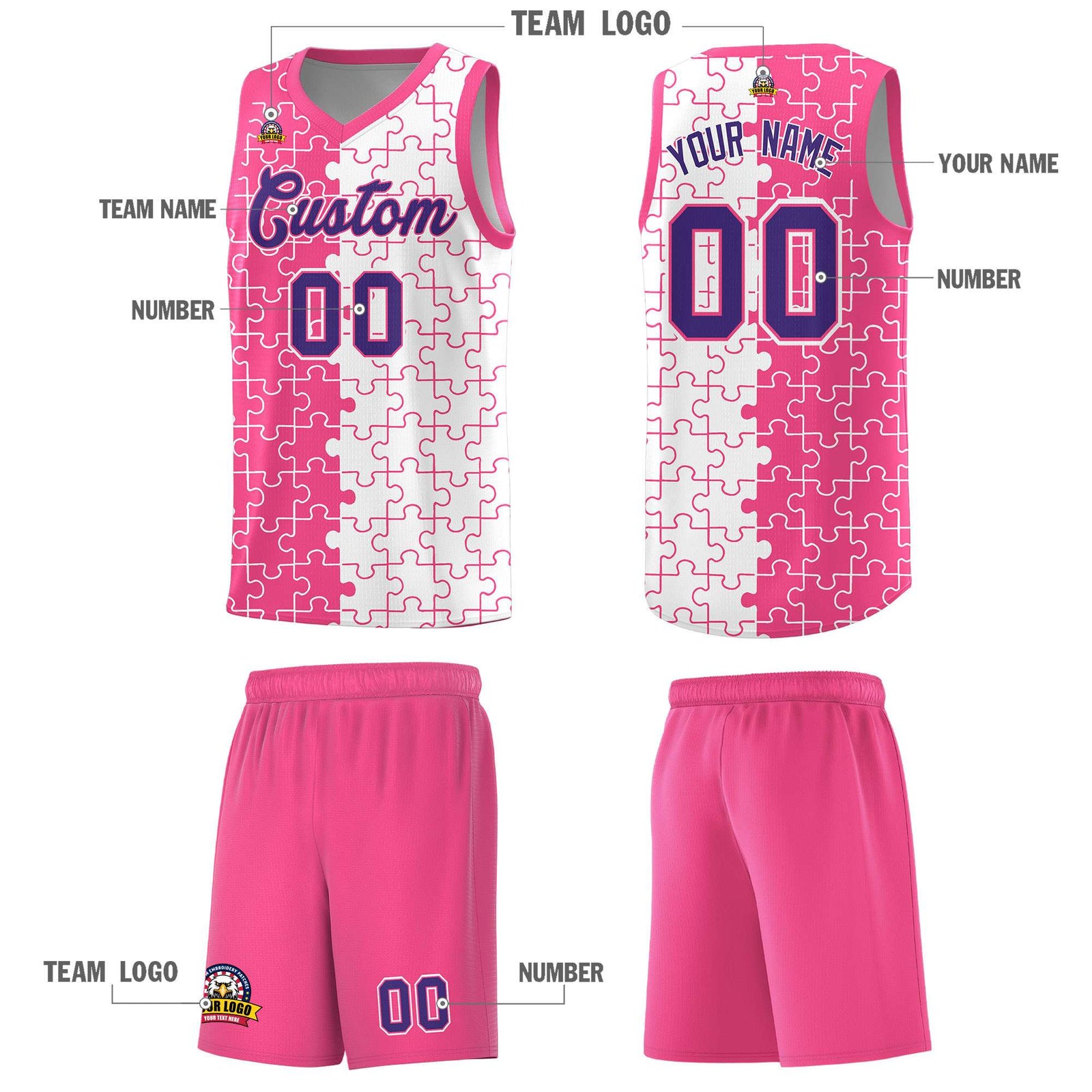 Custom Youth Basketball Jersey Pink White Puzzle Pattern Moisture-Wicking Team Uniform