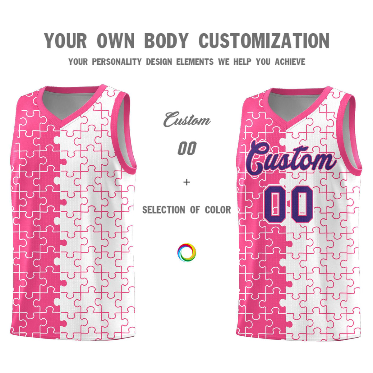 Custom Youth Basketball Jersey Pink White Puzzle Pattern Moisture-Wicking Team Uniform