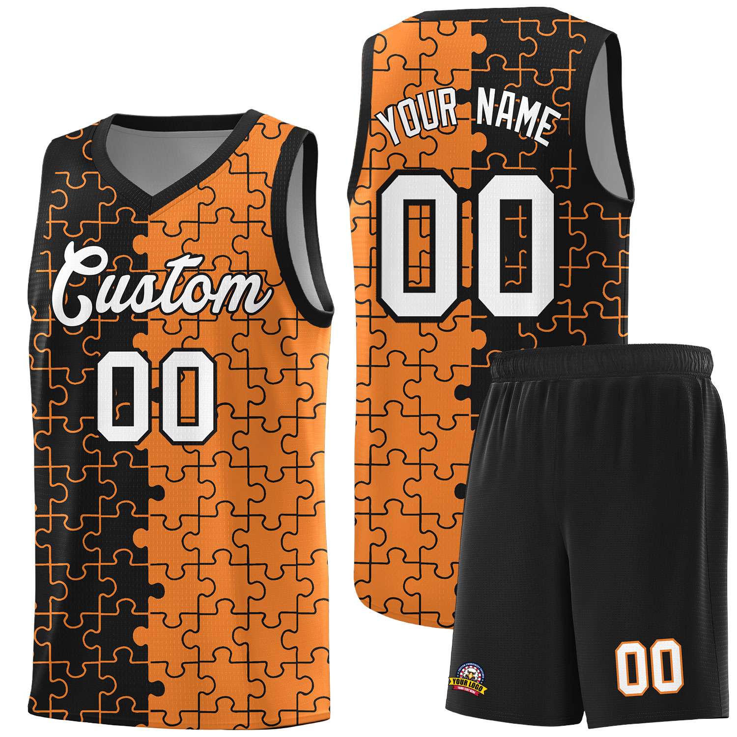 Custom Youth Basketball Jersey Black Gold Orange Puzzle Pattern Add Name, Number & Team Logo