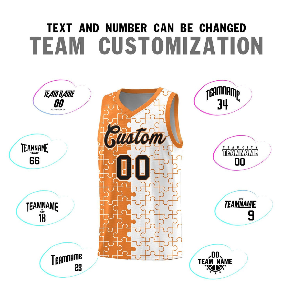 Custom Youth Basketball Jersey Gold Orange White Puzzle Pattern Breathable Team Uniform