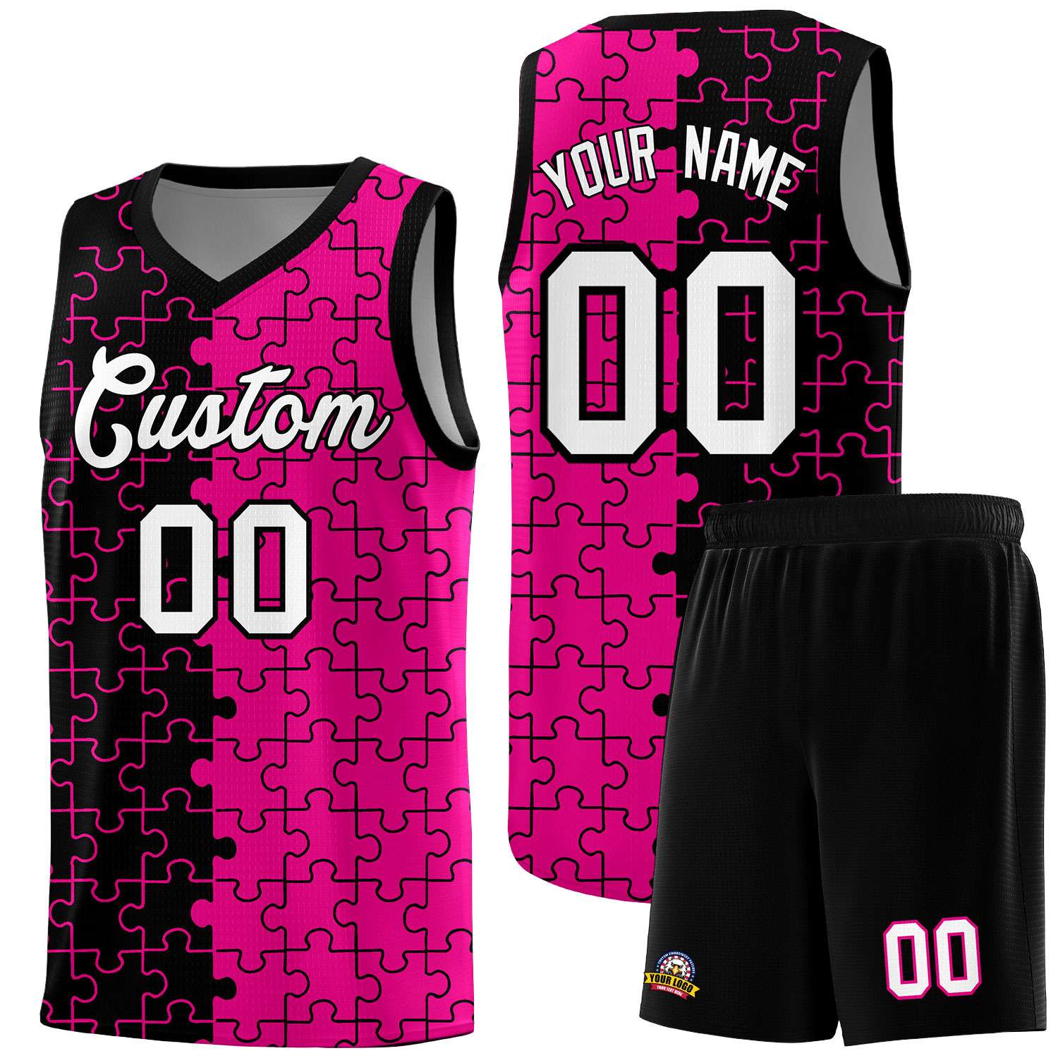 Custom Youth Basketball Jersey Black Pink Puzzle Pattern Moisture-Wicking Team Uniform
