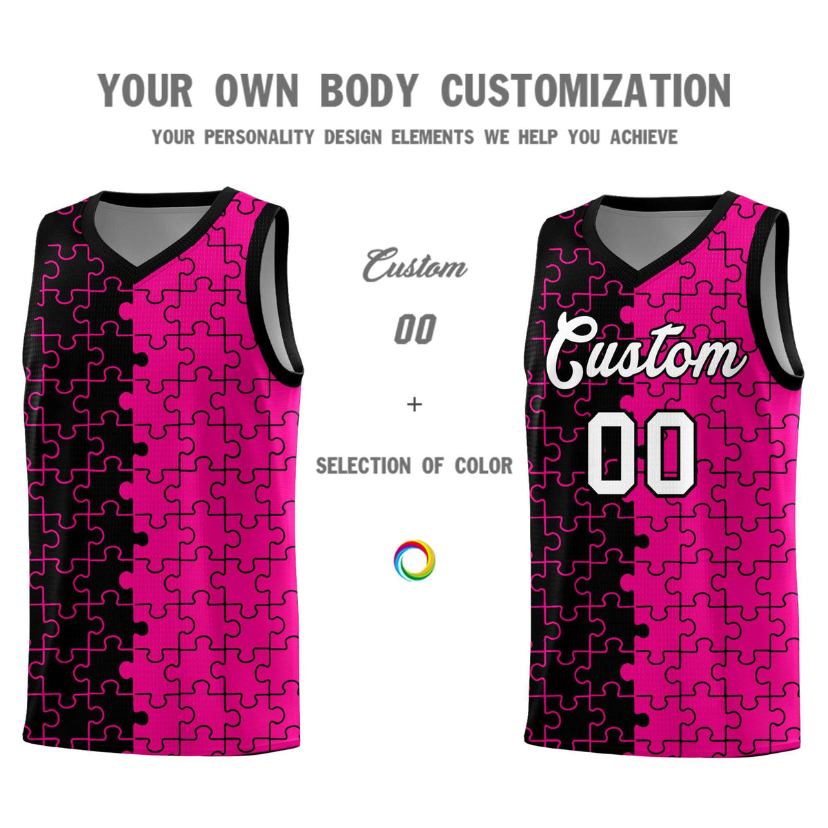 Custom Youth Basketball Jersey Black Pink Puzzle Pattern Moisture-Wicking Team Uniform