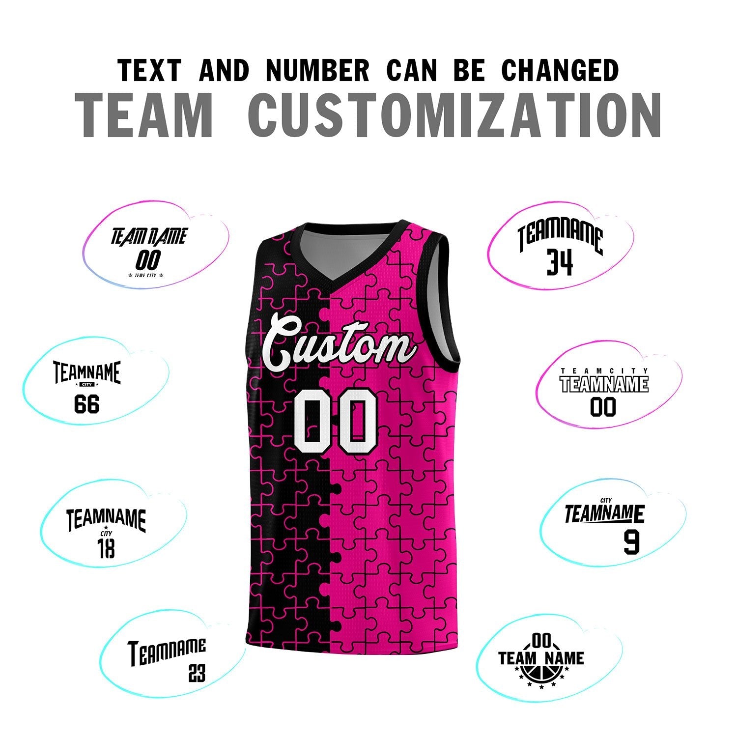 Custom Youth Basketball Jersey Black Pink Puzzle Pattern Moisture-Wicking Team Uniform
