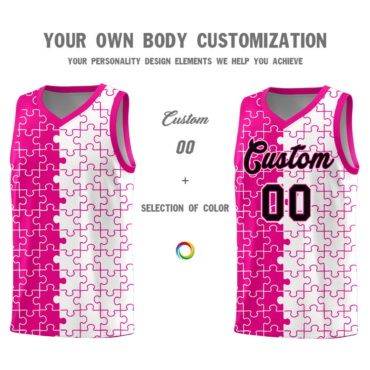Custom Youth Basketball Jersey Pink White Puzzle Pattern Personalized Team Uniform