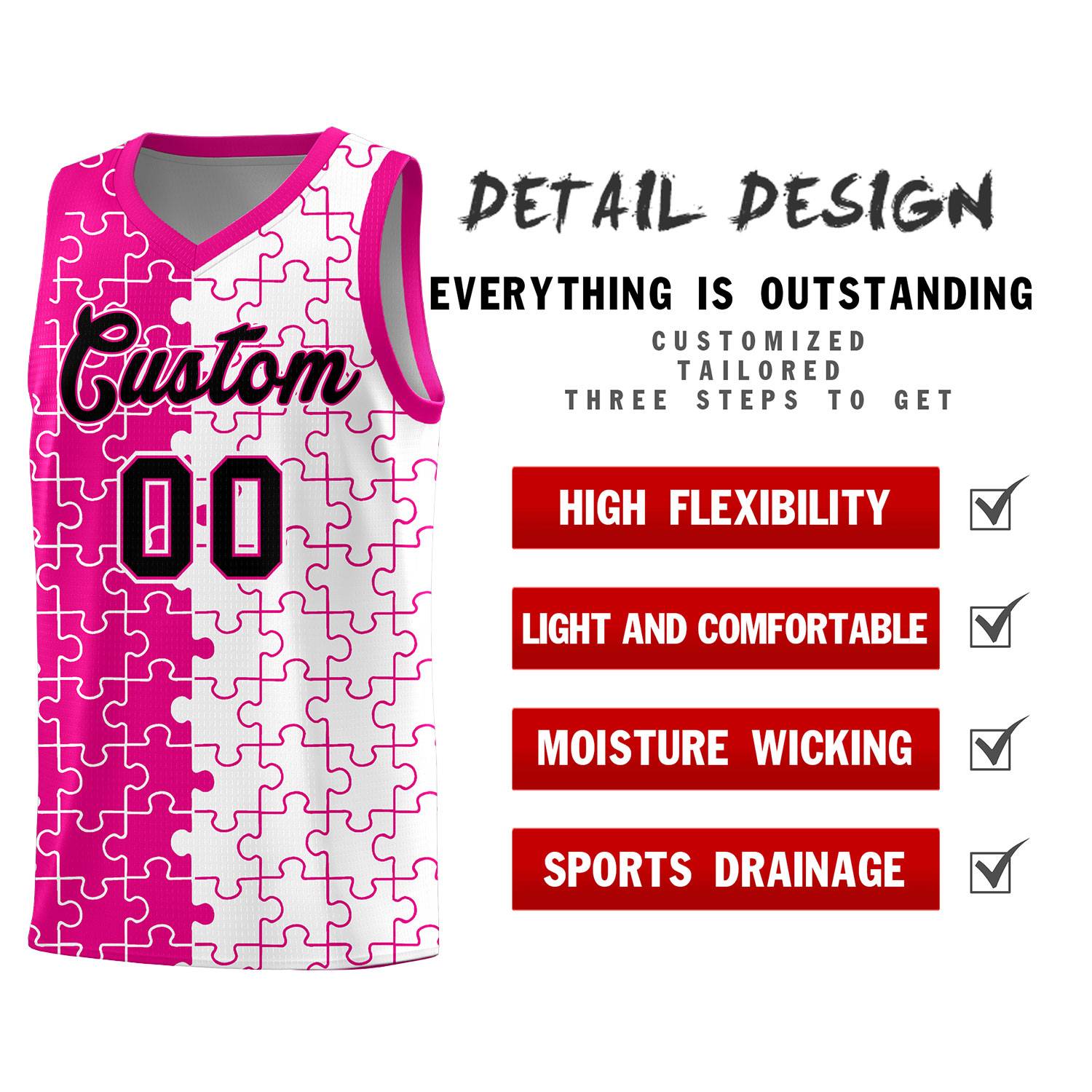 Custom Youth Basketball Jersey Pink White Puzzle Pattern Personalized Team Uniform