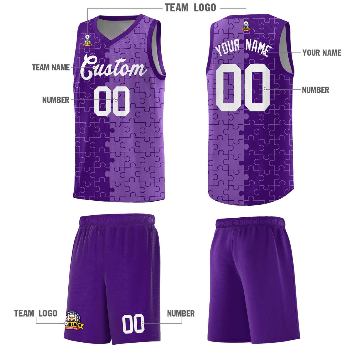 Custom Youth Basketball Jersey Purple Light Purple Puzzle Pattern Add Name, Number &amp; Team Logo