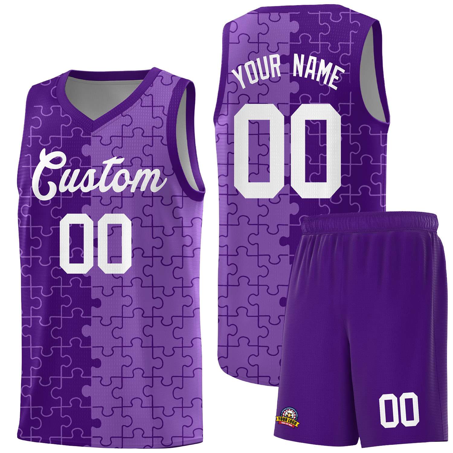 Custom Youth Basketball Jersey Purple Light Purple Puzzle Pattern Add Name, Number & Team Logo