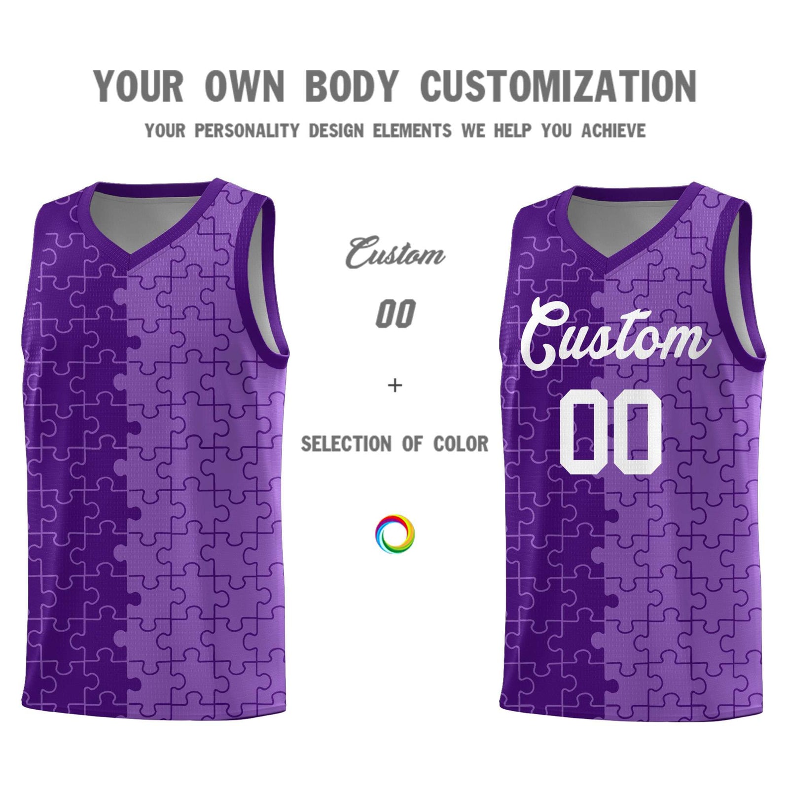 Custom Youth Basketball Jersey Purple Light Purple Puzzle Pattern Add Name, Number & Team Logo