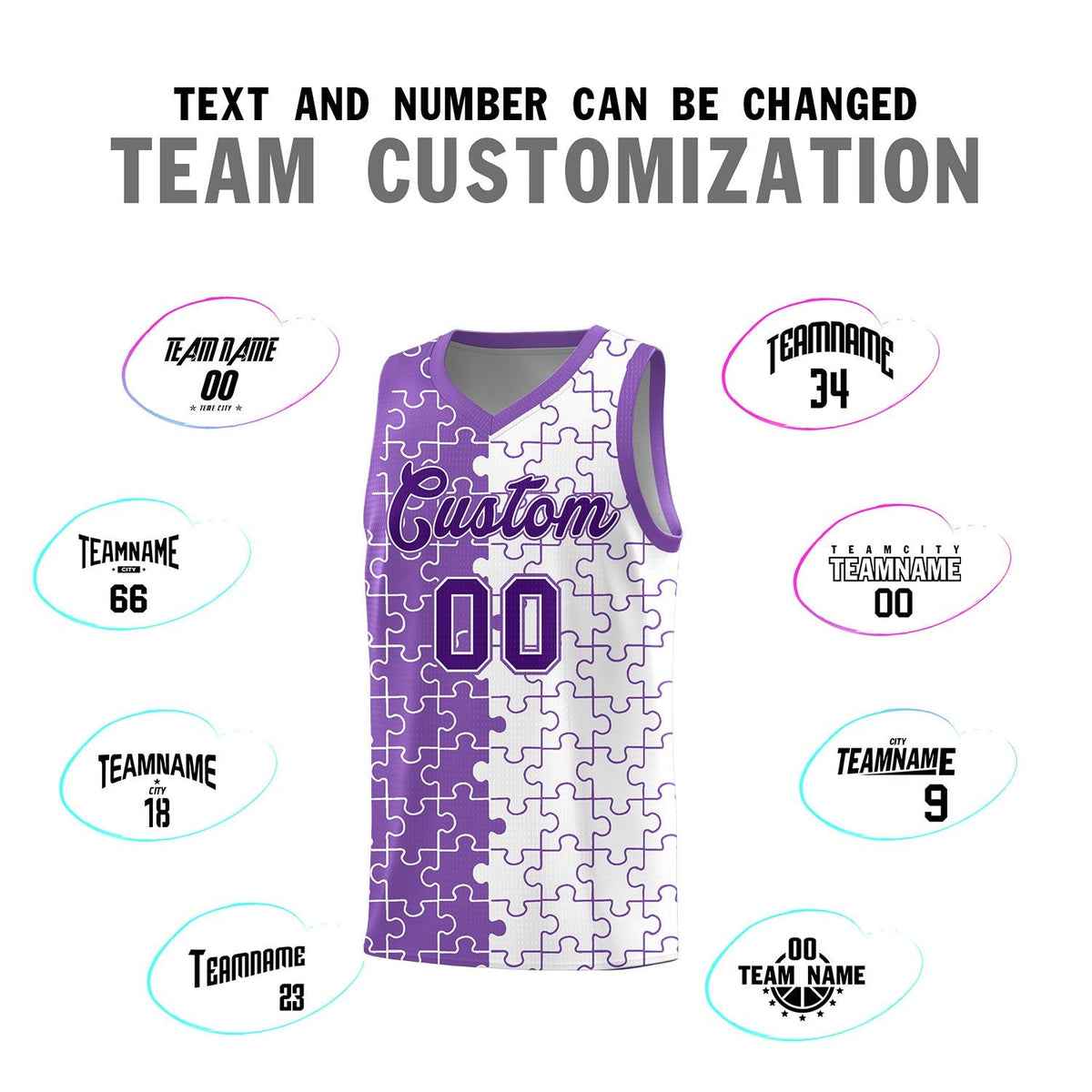 Custom Youth Basketball Jersey Light Purple White Puzzle Pattern Breathable Team Uniform