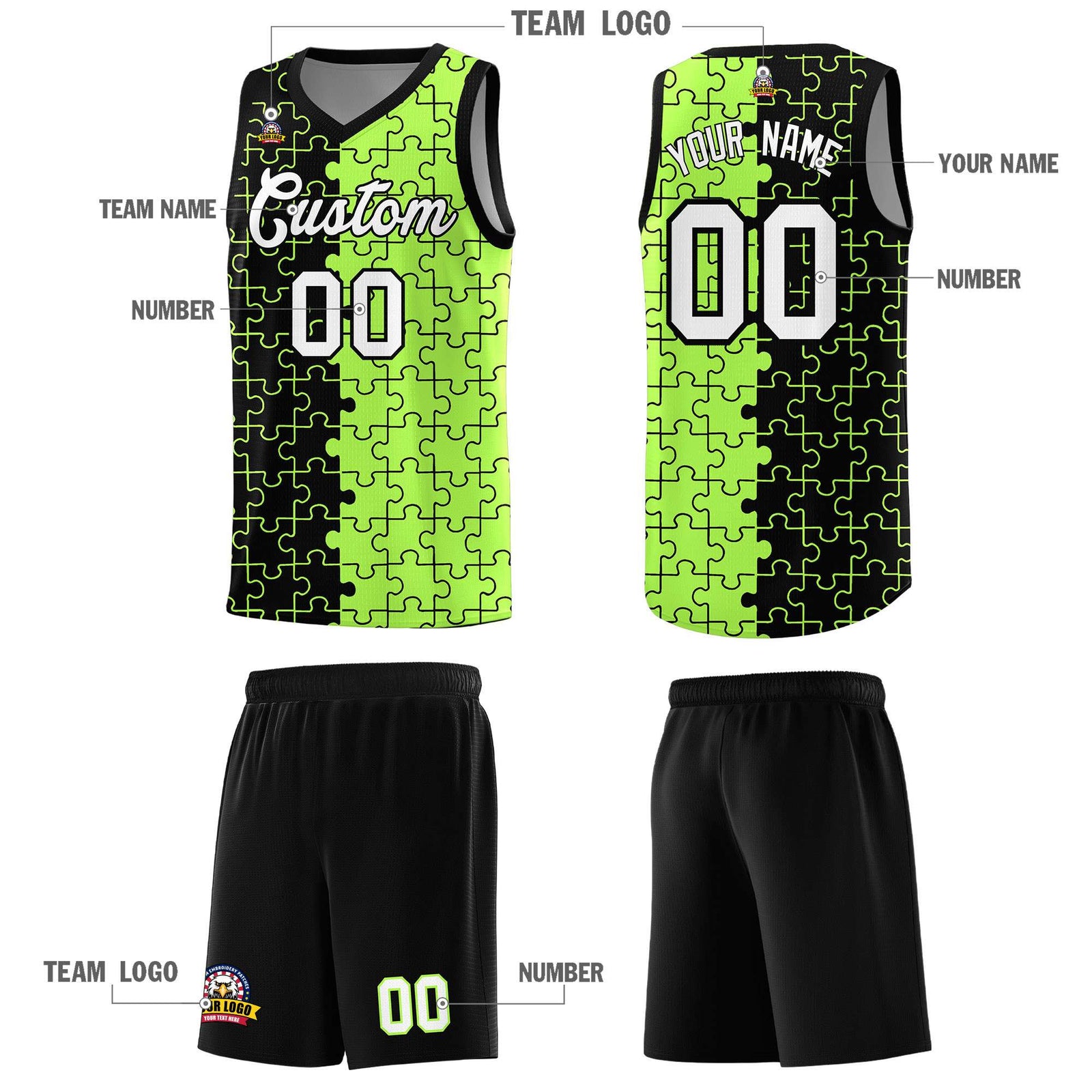 Custom Youth Basketball Jersey Black Puzzle Pattern Moisture-Wicking Team Uniform