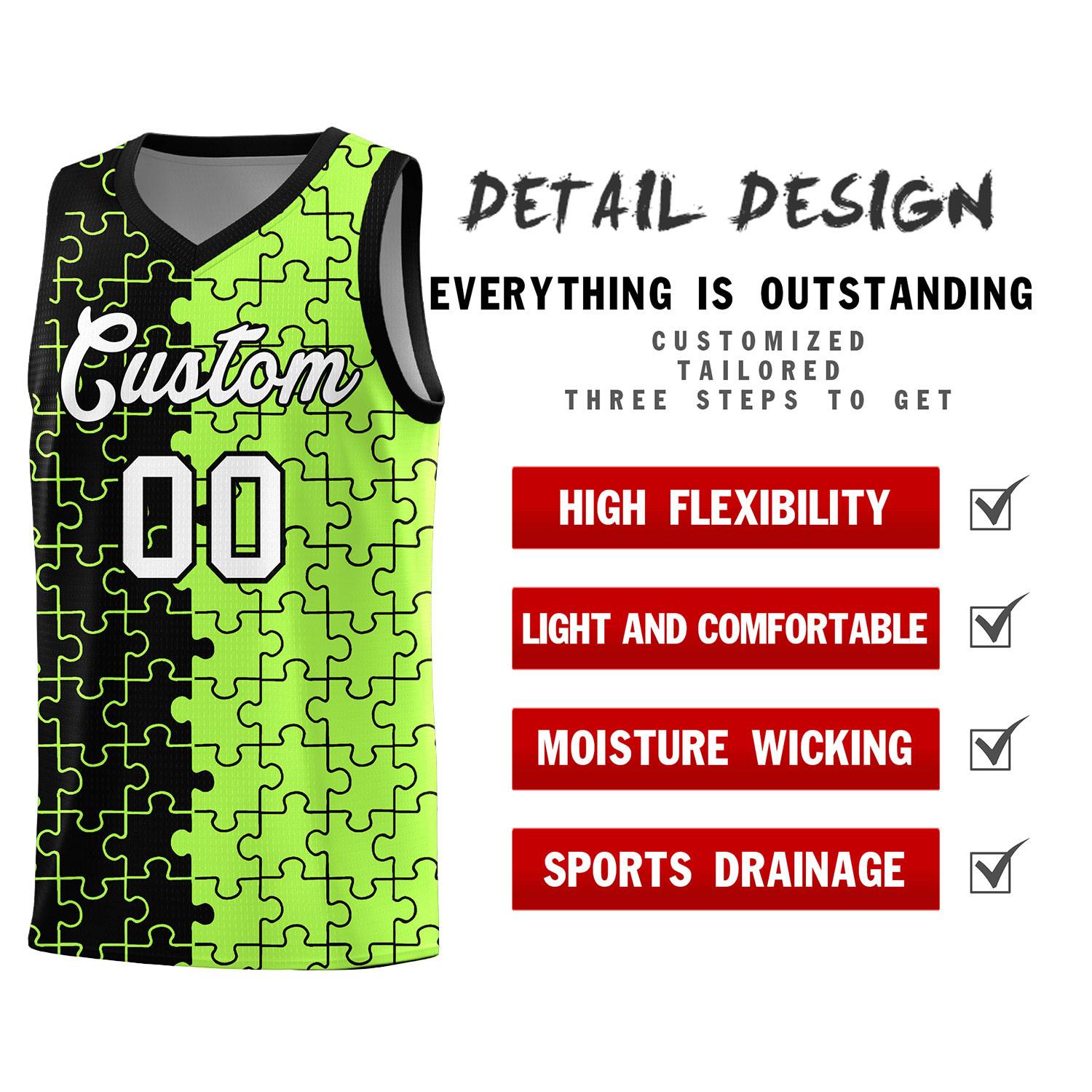 Custom Youth Basketball Jersey Black Puzzle Pattern Moisture-Wicking Team Uniform