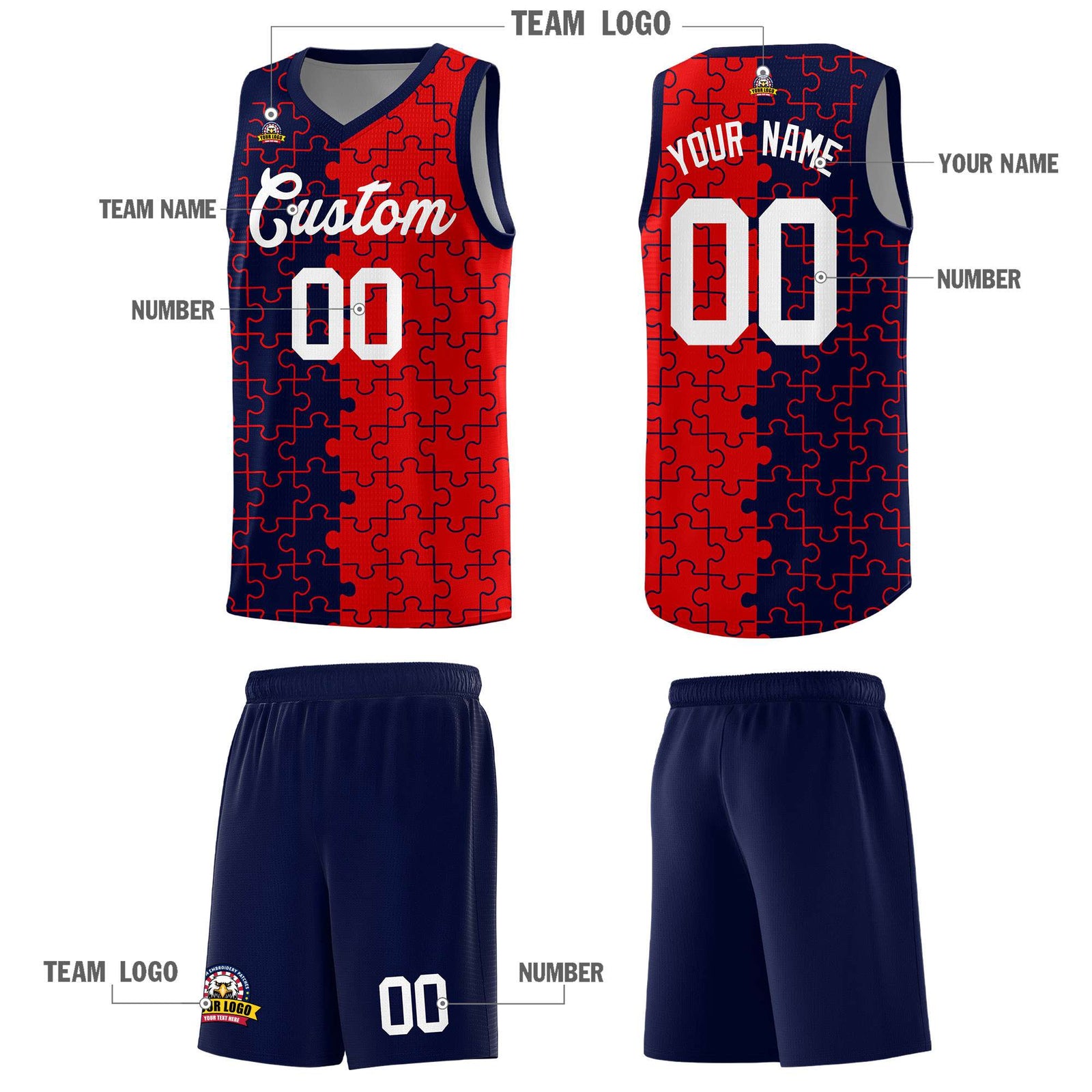 Custom Youth Basketball Jersey Navy Red Puzzle Pattern Personalized Team Uniform